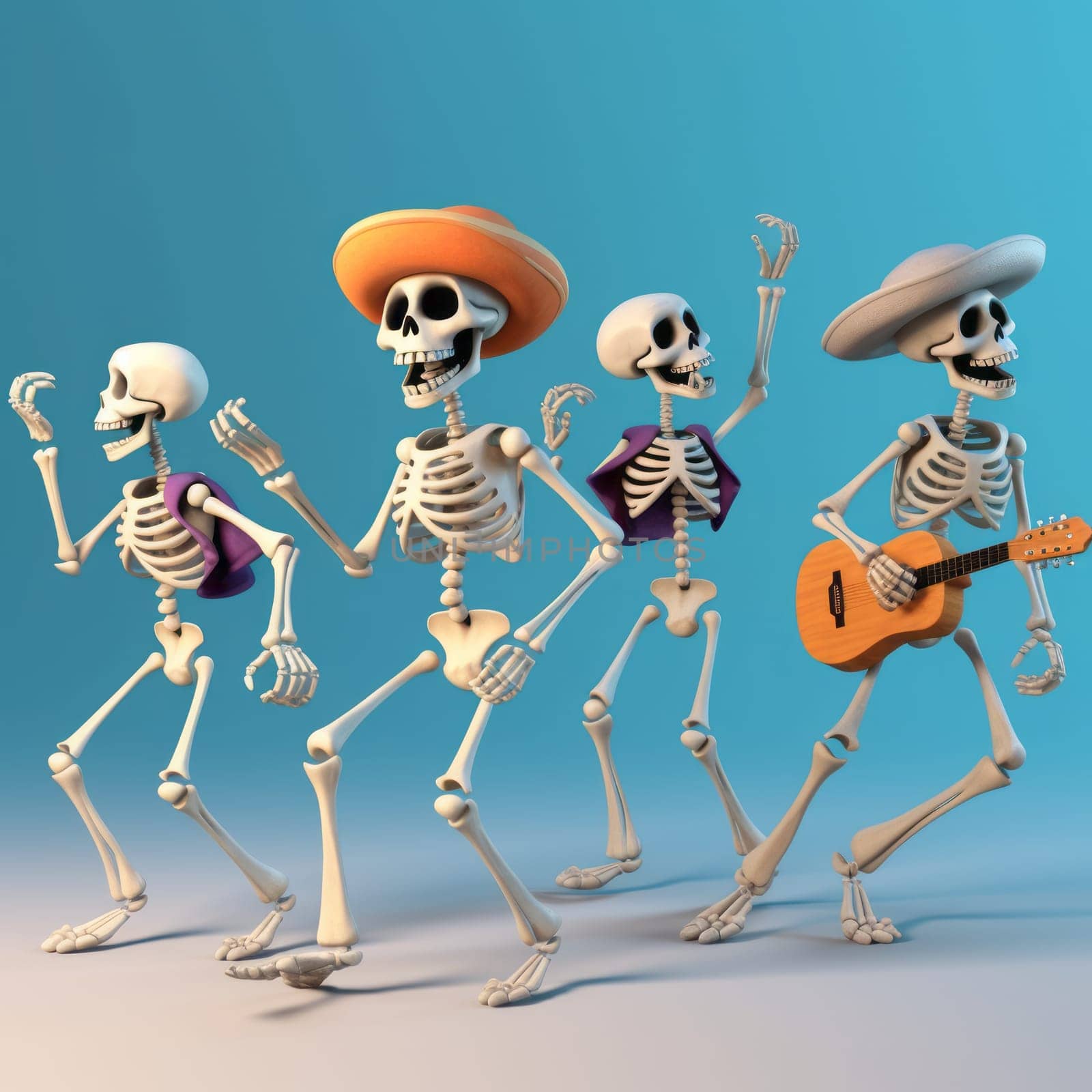 Four cute dancing white skeletons in white hats, with a guitar, on a blue background . Ai generative