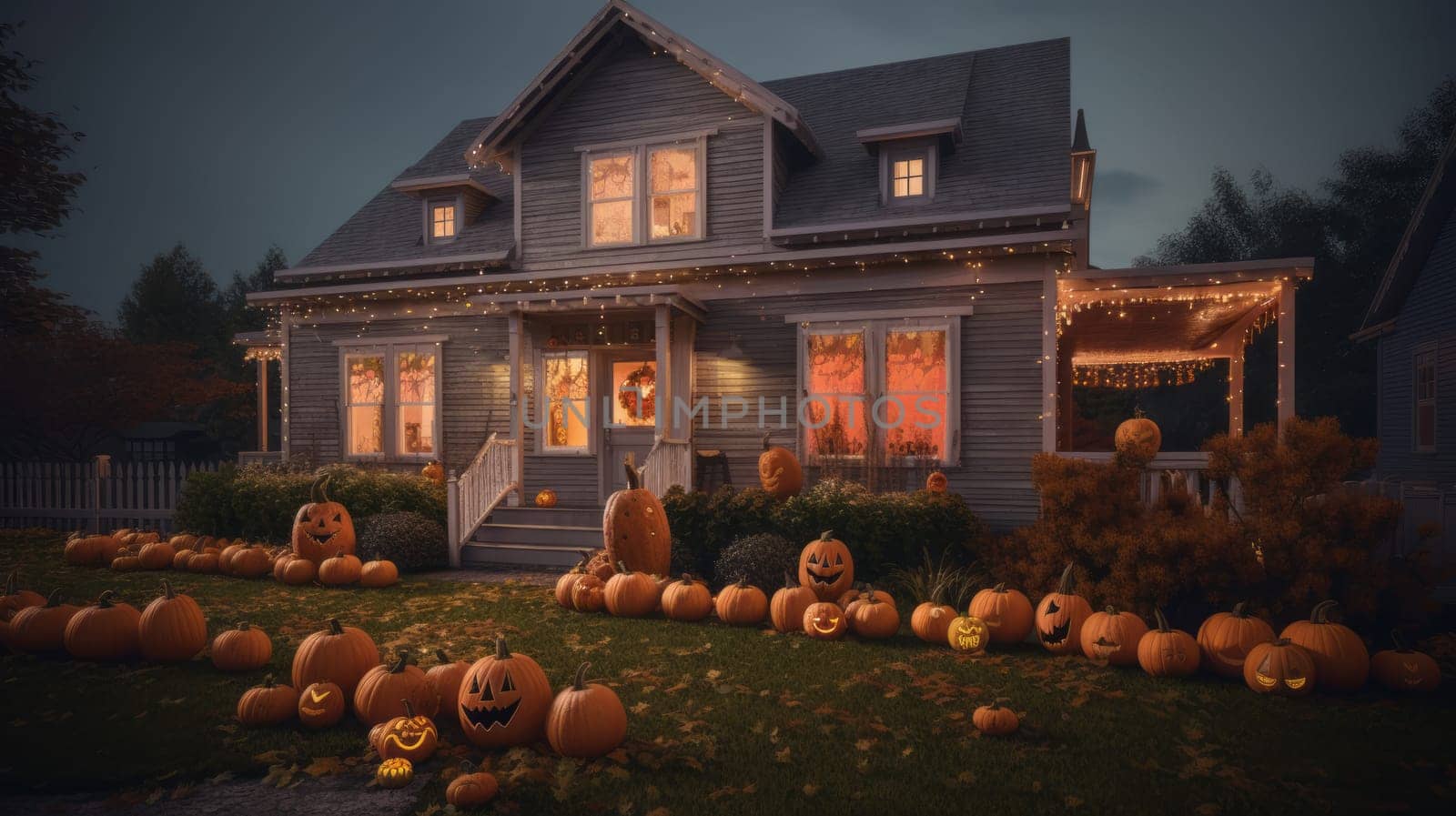 Night view of a house with halloween decoration, garlands and pumpkins . Ai generative