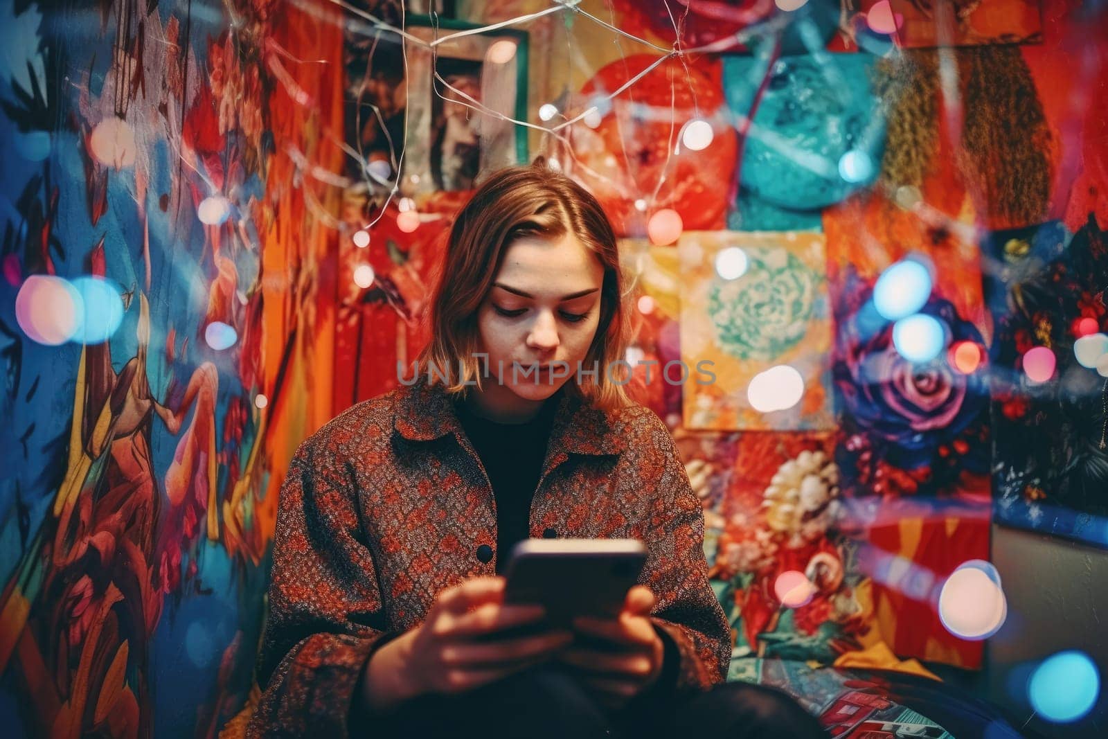 A young Scandinavian woman sitting at home and looking at mobile phone with holographic of news and social media data background. Generative AI AIG30. by biancoblue