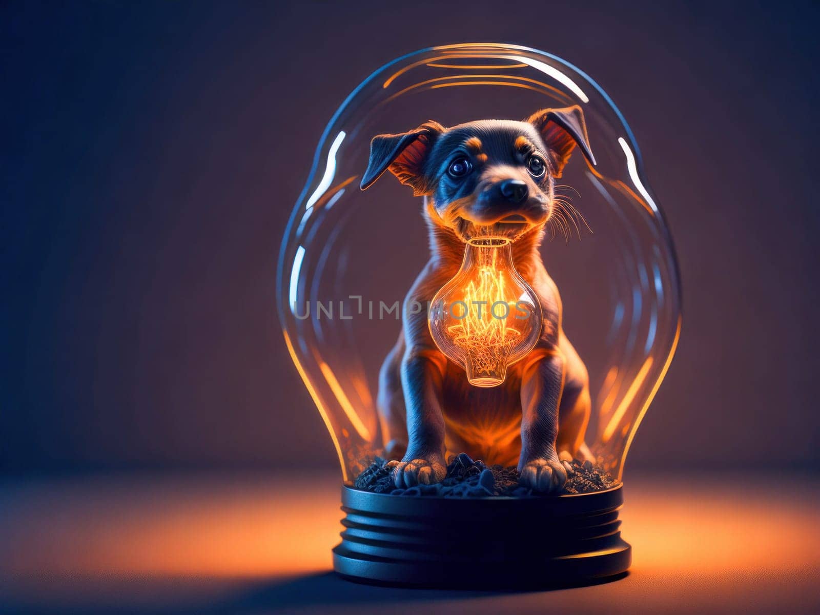 Eco friendly lightbulb with small dog inside, concept of isolated world. Concept of saving the world. Generative Ai