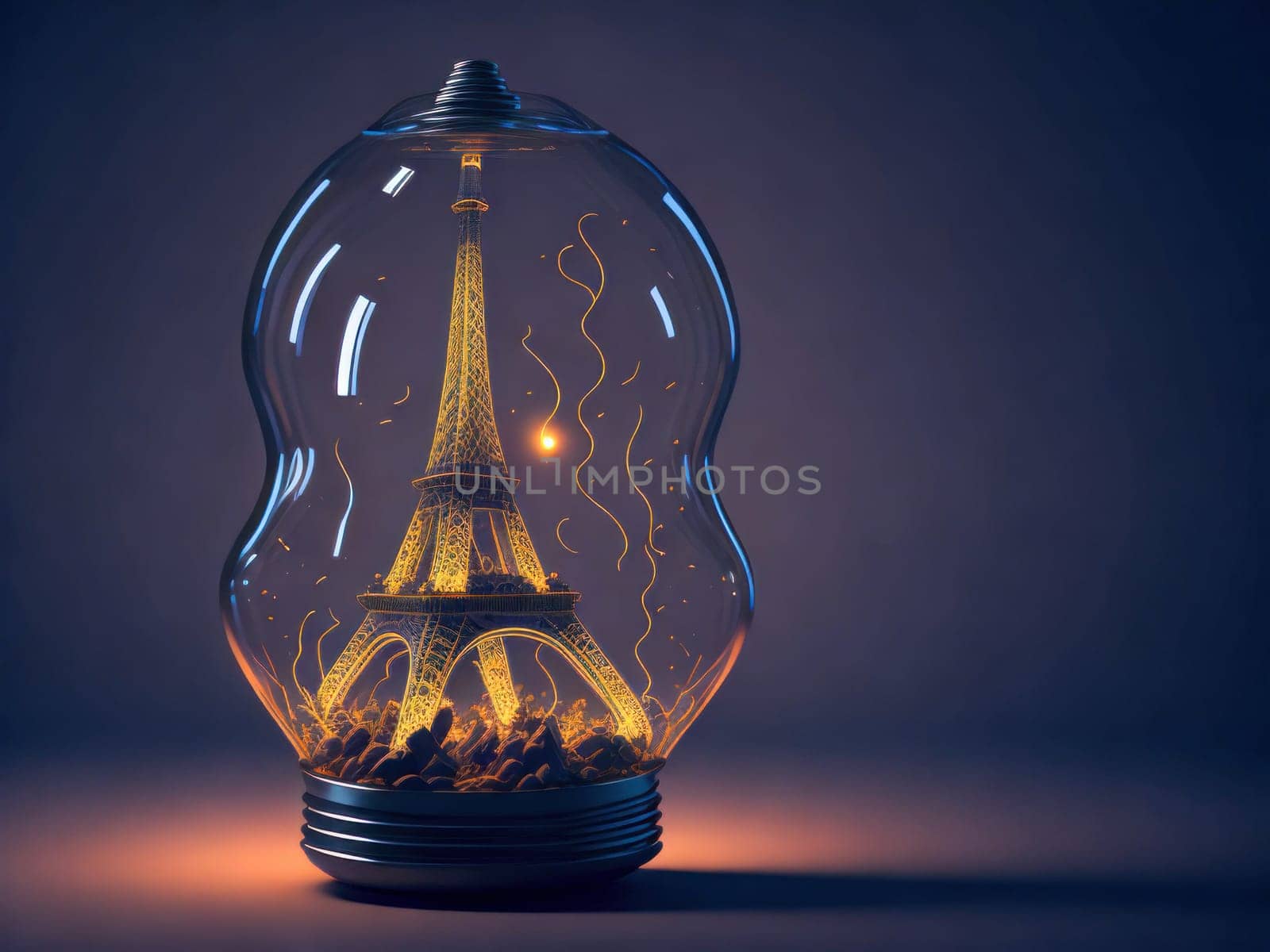 Eco friendly lightbulb with small Eiffel Tower inside, concept of isolated world. Concept of saving the world. Generative Ai