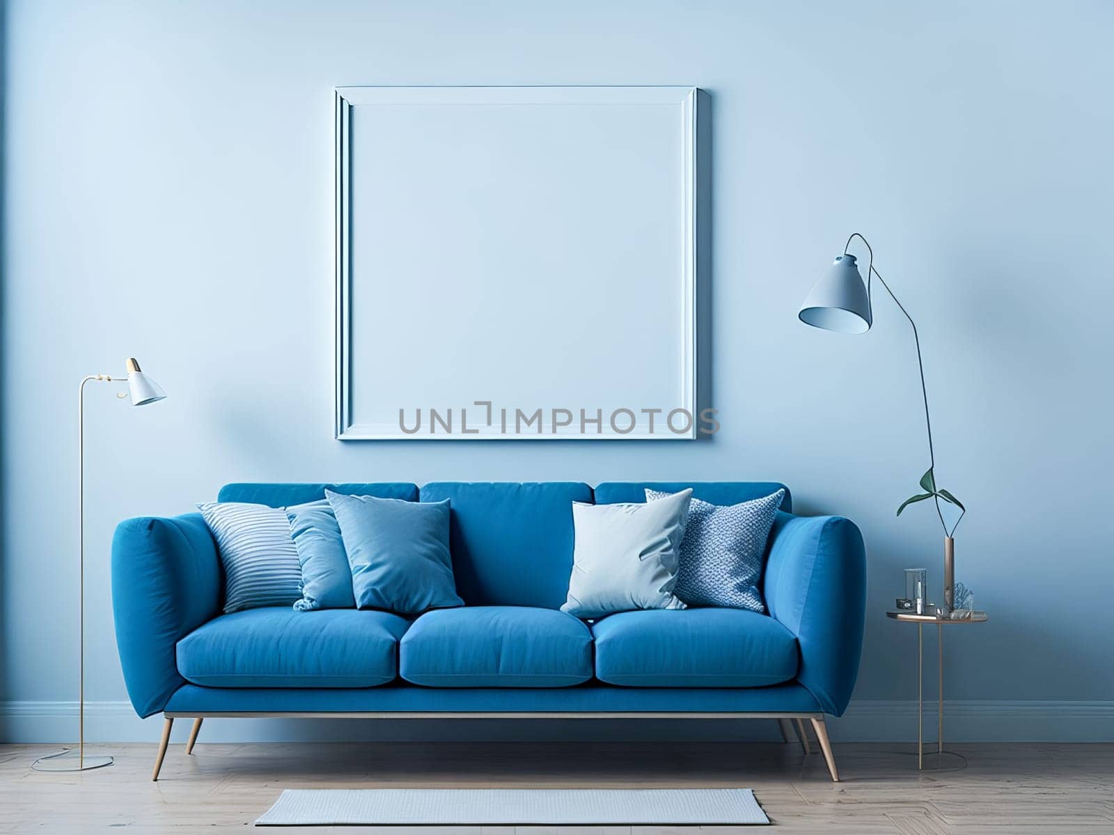 Blank frame mockup for artwork or print on pastel blue wall with blue couch, copy space. Interior design. Generative Ai