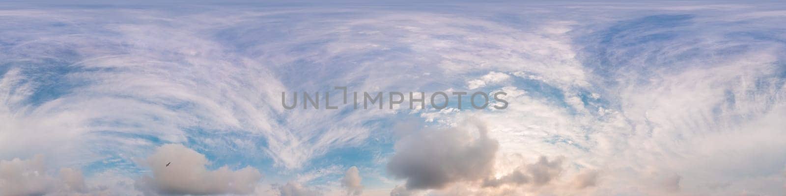 Sky panorama with Cirrus clouds in Seamless spherical equirectangular format. Full zenith for use in 3D graphics, game and editing aerial drone 360 degree panoramas for sky replacement