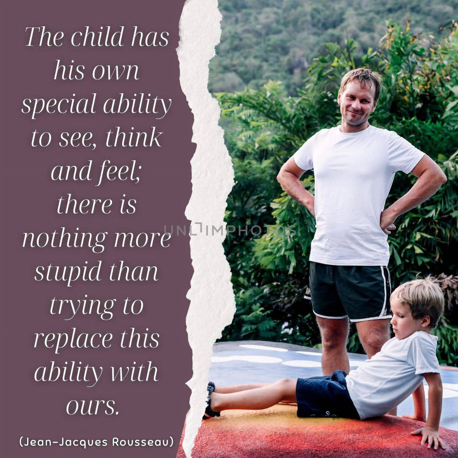 Happiness with dad. Father's Day. Raising son. Man smiling standing hands at waist by sides, boy child lying. I wish happiness, peace in the soul and mind to everyone who is looking at this photo by nandrey85