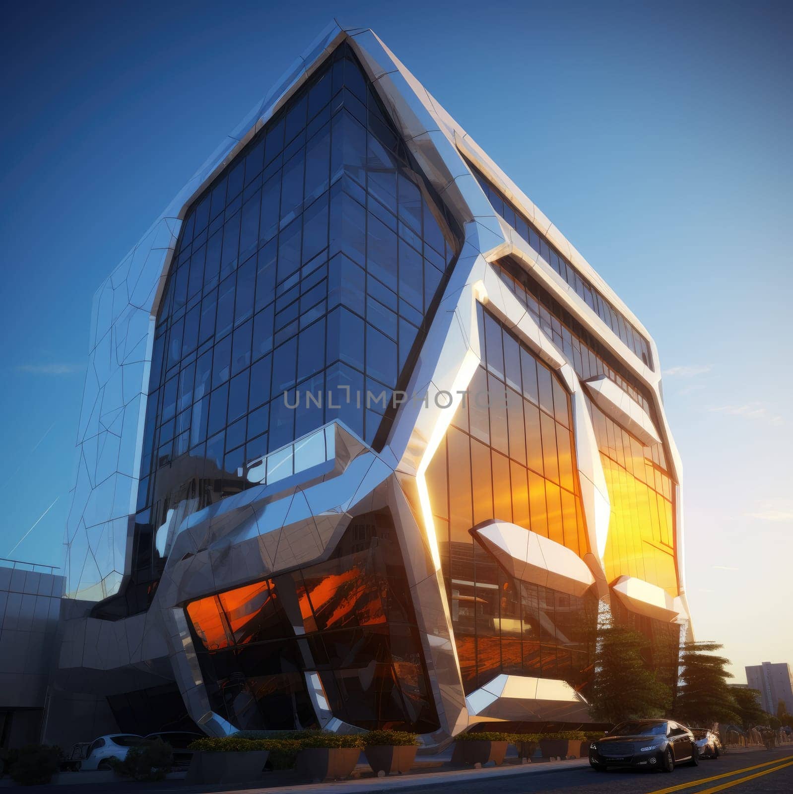 The exterior of the building of the future. The glass facade of the building on a sunny day