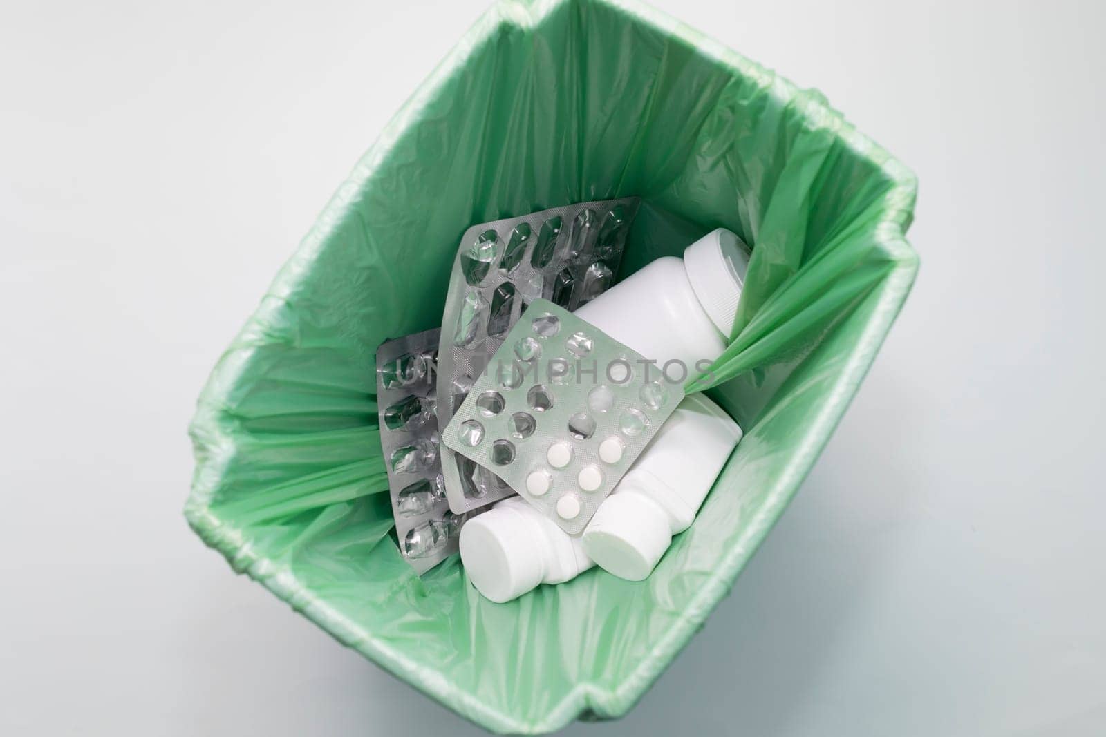 Top View Medication, Supplement, Pills, Tablet Bottles, Empty Capsule Pastilles In Trash Bin, Bucket. Medical Waste, Drug Consumption Concept. Pharmacy. Horizontal Plane, Flatly.