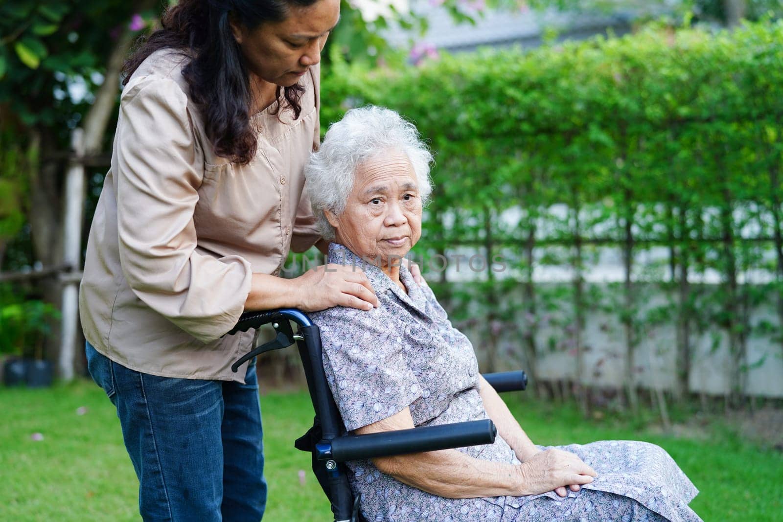 Caregiver help Asian elderly woman disability patient sitting on wheelchair in park, medical concept. by sweettomato