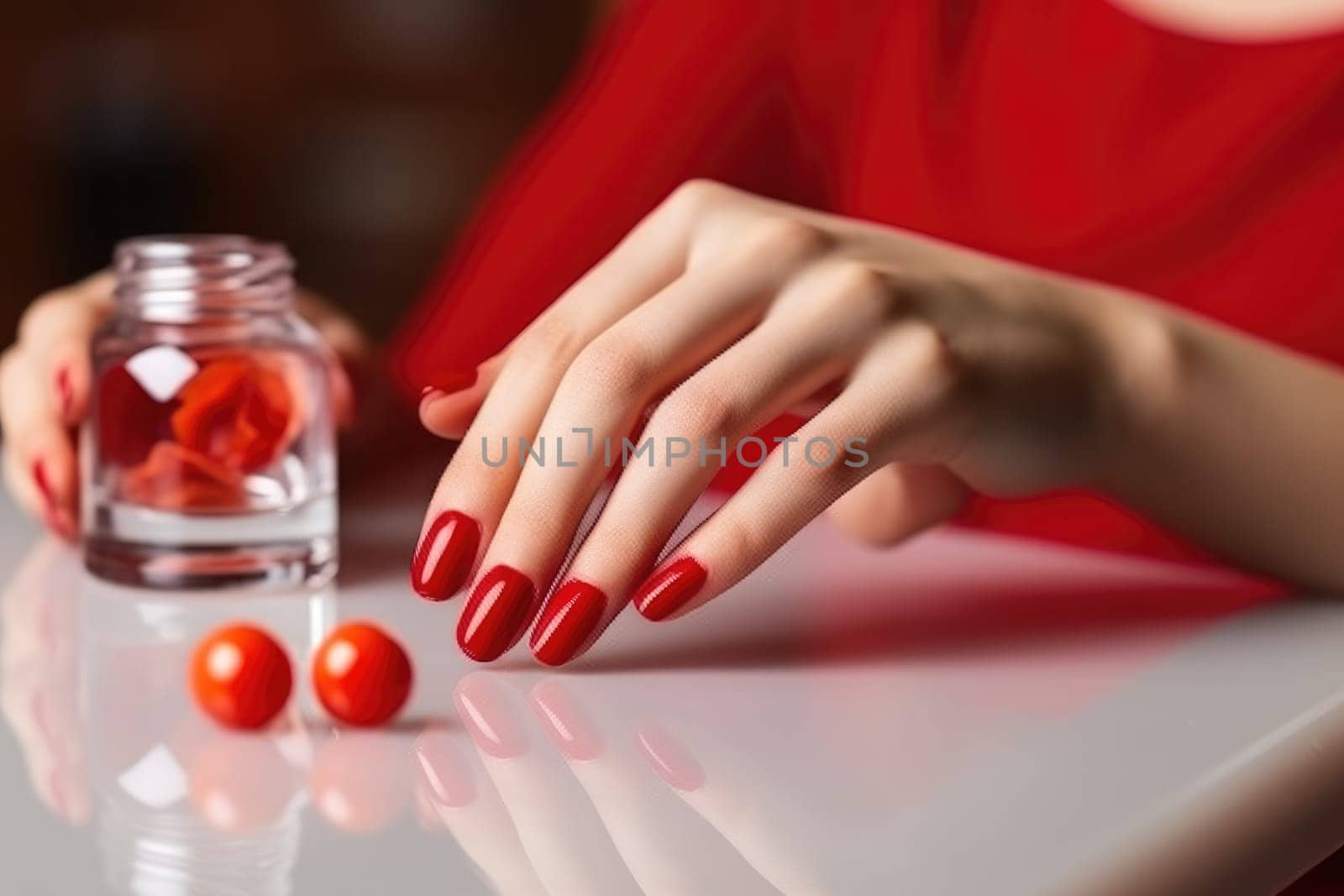 Closeup of woman hand with perfect red manicure. AI Generated