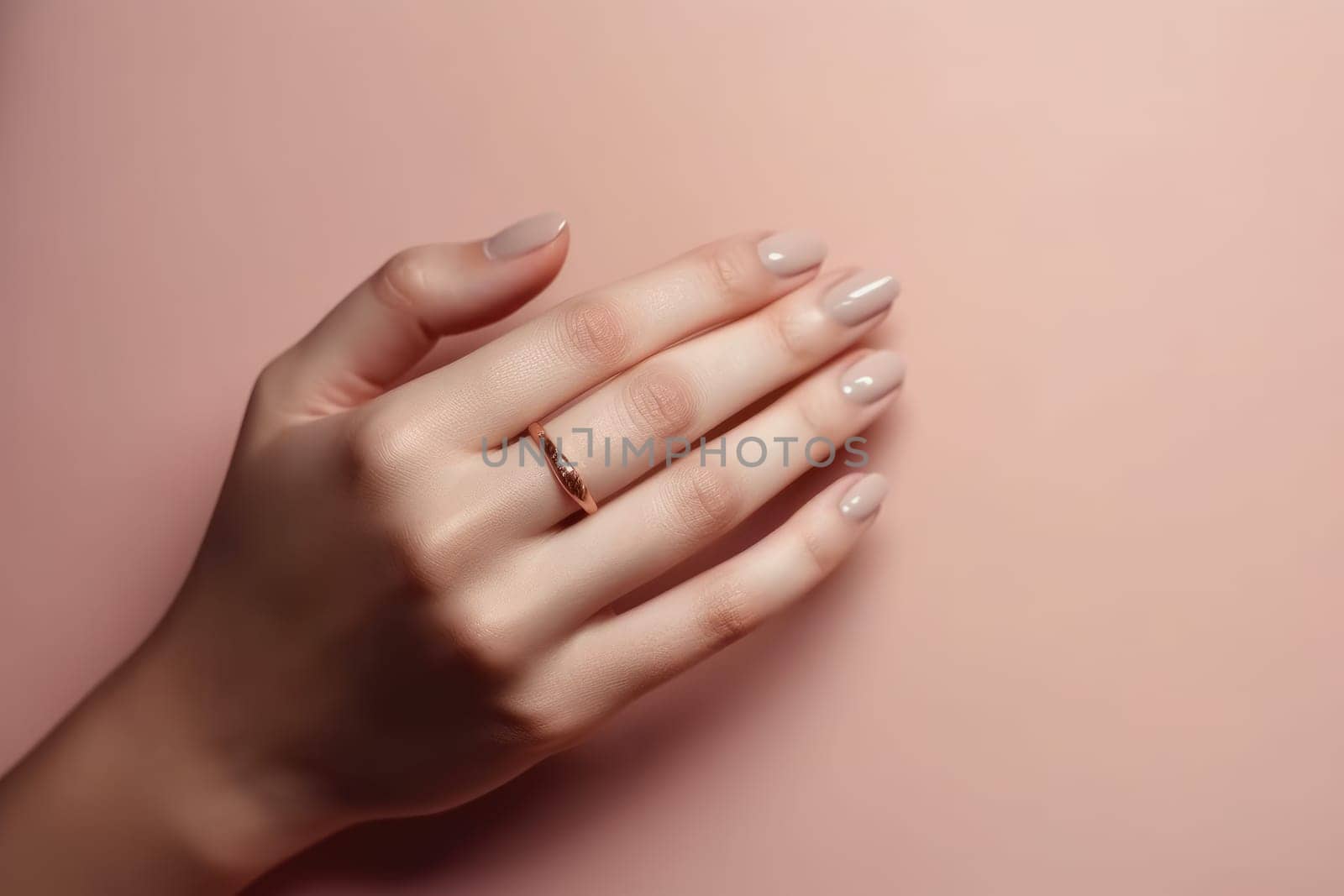 Closeup of woman hand with nude manicure. AI Generated by Desperada