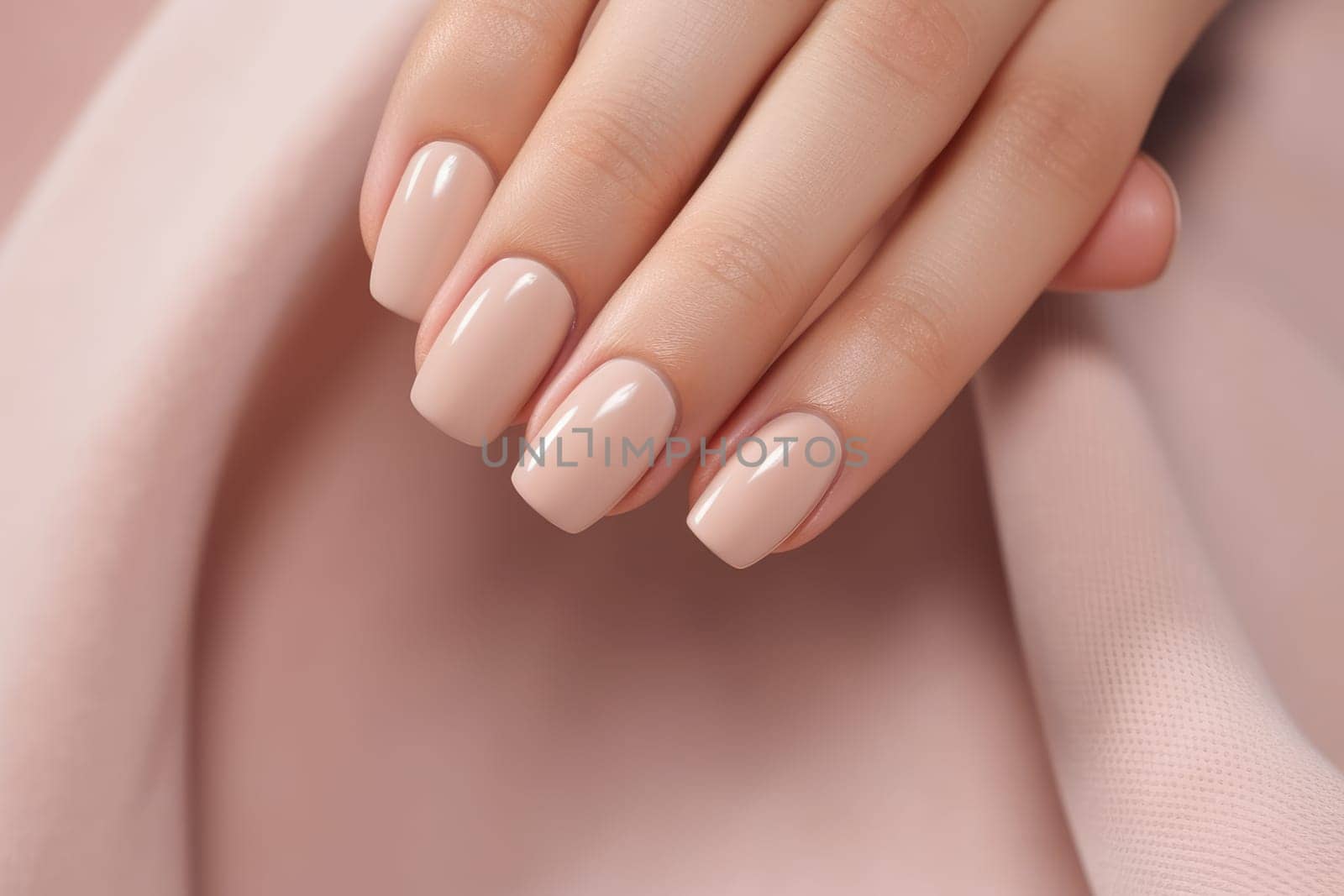 Closeup of woman hand with perfect nude manicure. AI Generated