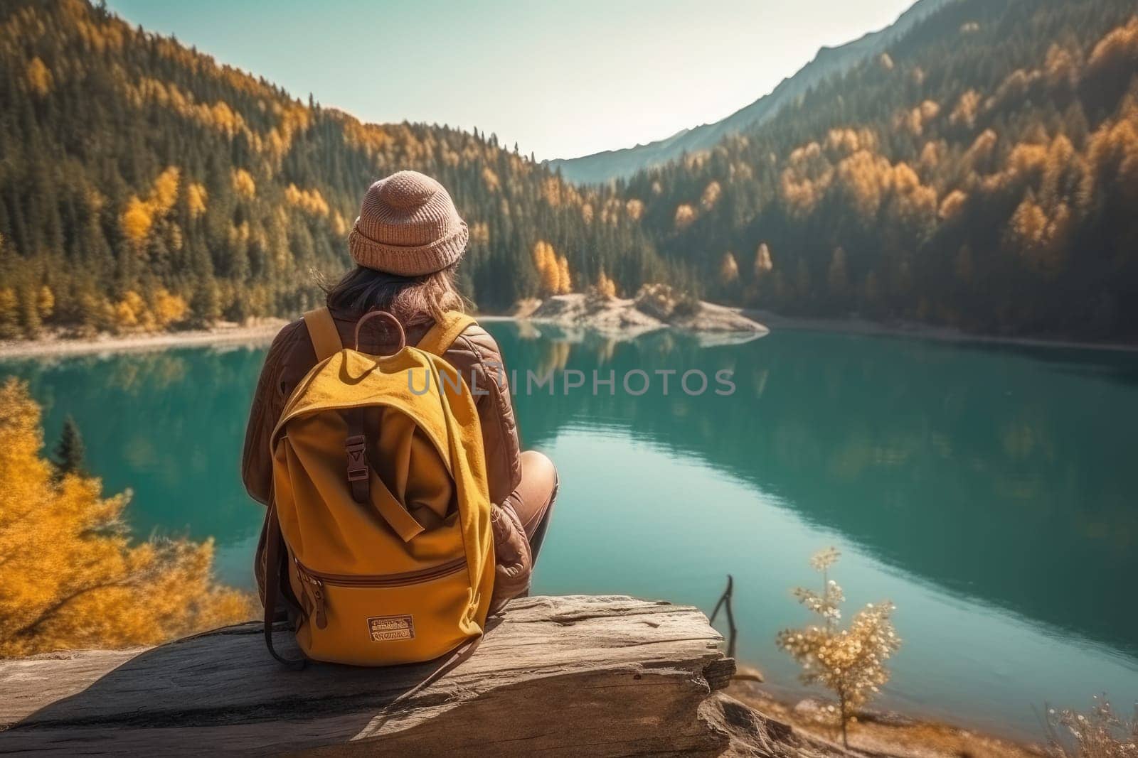 Backpacker woman with backpack enjoying the turquoise mountain lake. AI Generative by Desperada