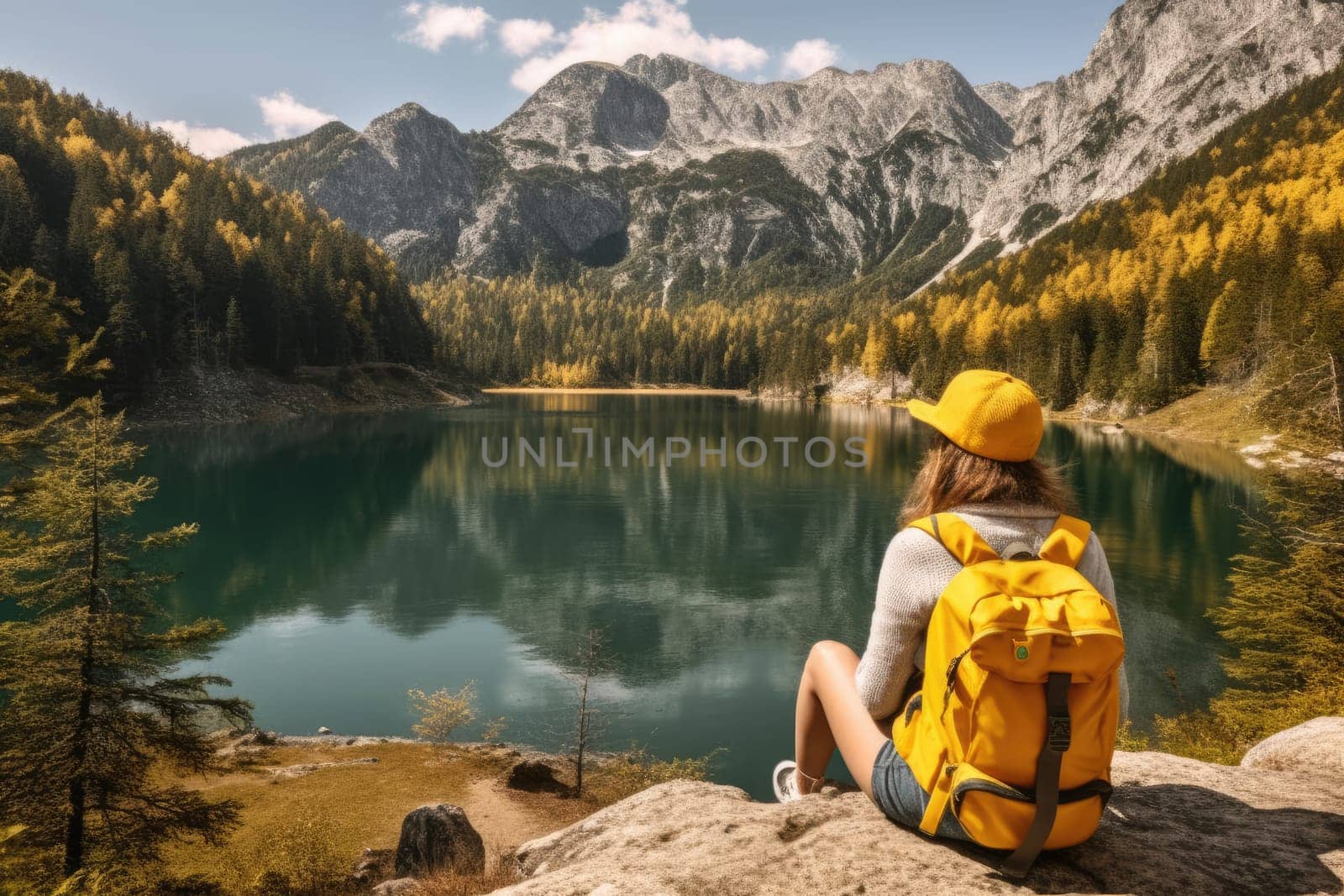 Active people in nature concept. Backpacker woman with backpack enjoying the turquoise mountain lake. AI Generative
