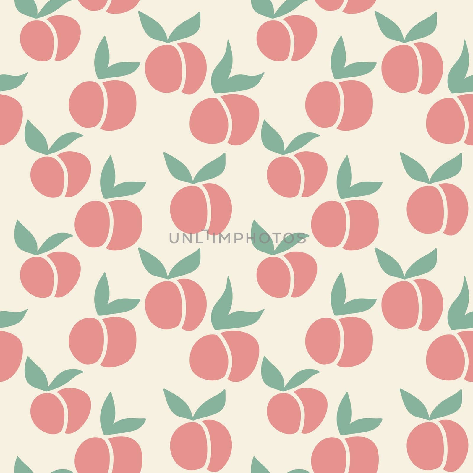 Hand drawn seamless pattern with red ornge peaches green leaves on retro vintage beige background. Summer fruit kitchen neutral faded design, nectarine apricot berry harvest agricultural package. by Lagmar