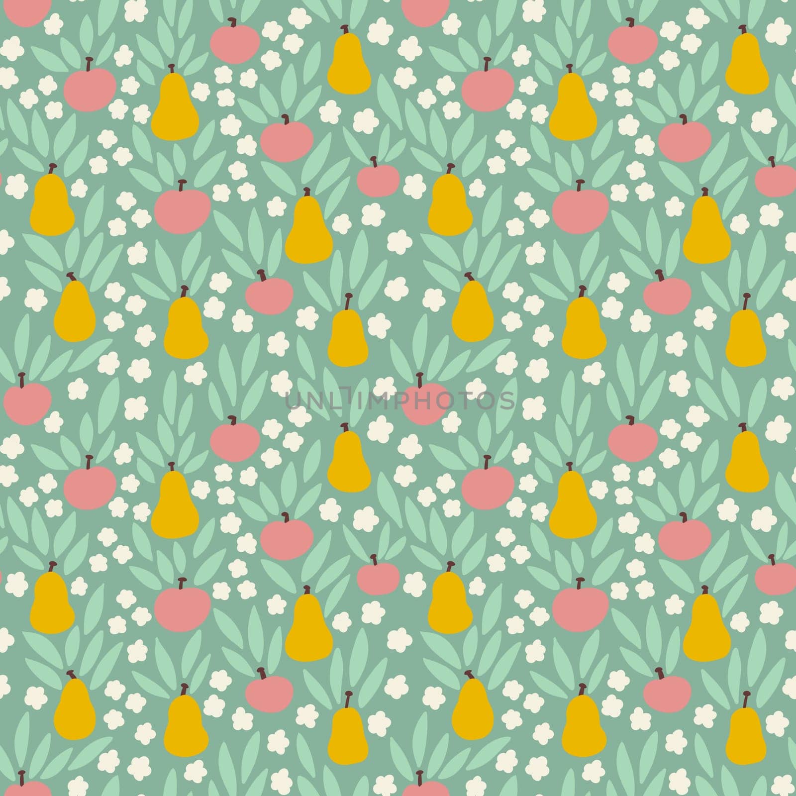 Hand drawn seamless pattern with apples pears fruits on pastel green background in simple ditsy shape design for food labels packaging, kitchen textile wallpaper. yellow red flowers illustration. by Lagmar