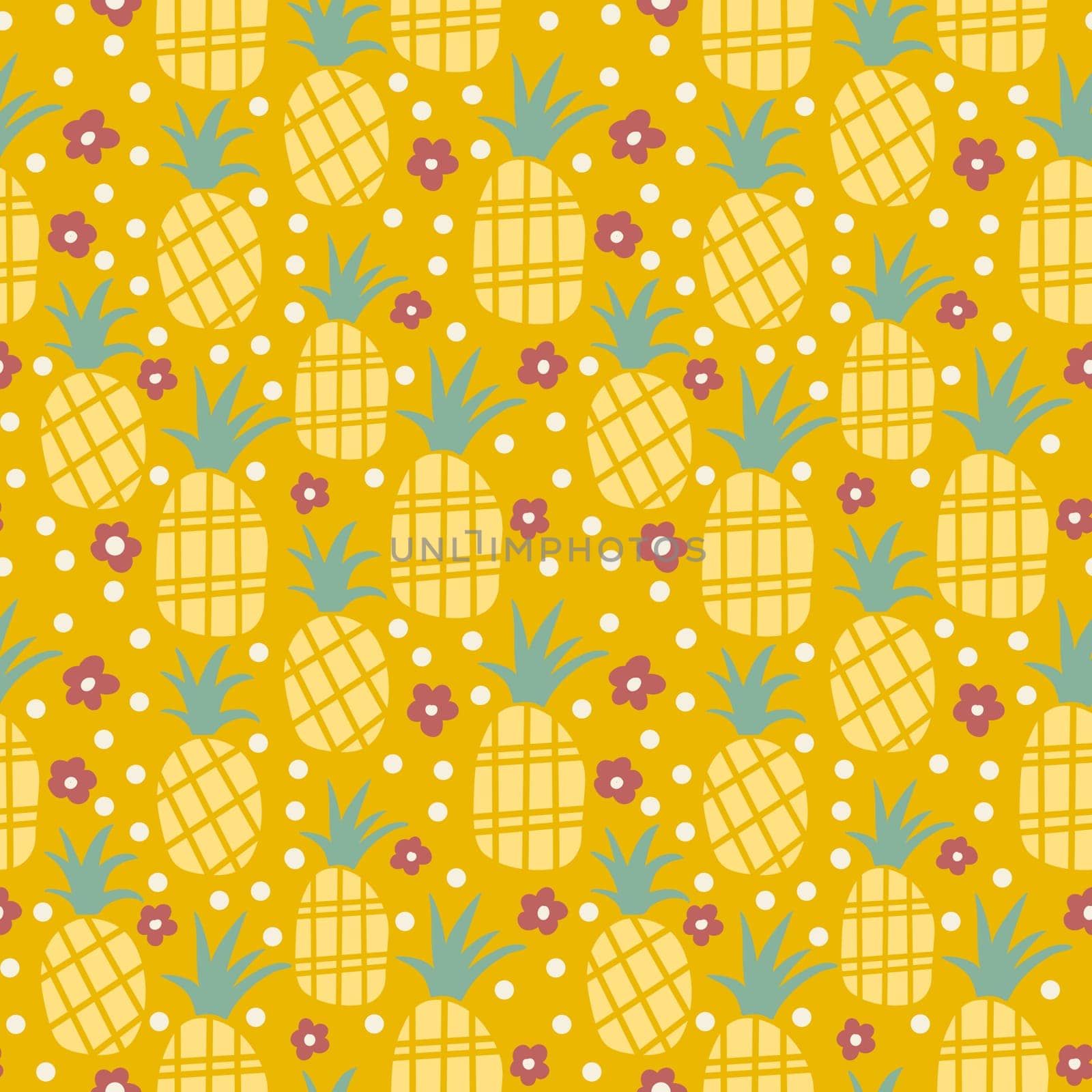 Hand drawn seamless pattern of fruit pineapple tropical jungle, summer cute colorful art. Cartoon yellow design for children kids ornament ditsy food, tasty dessert snack eating, retro vintage.. by Lagmar