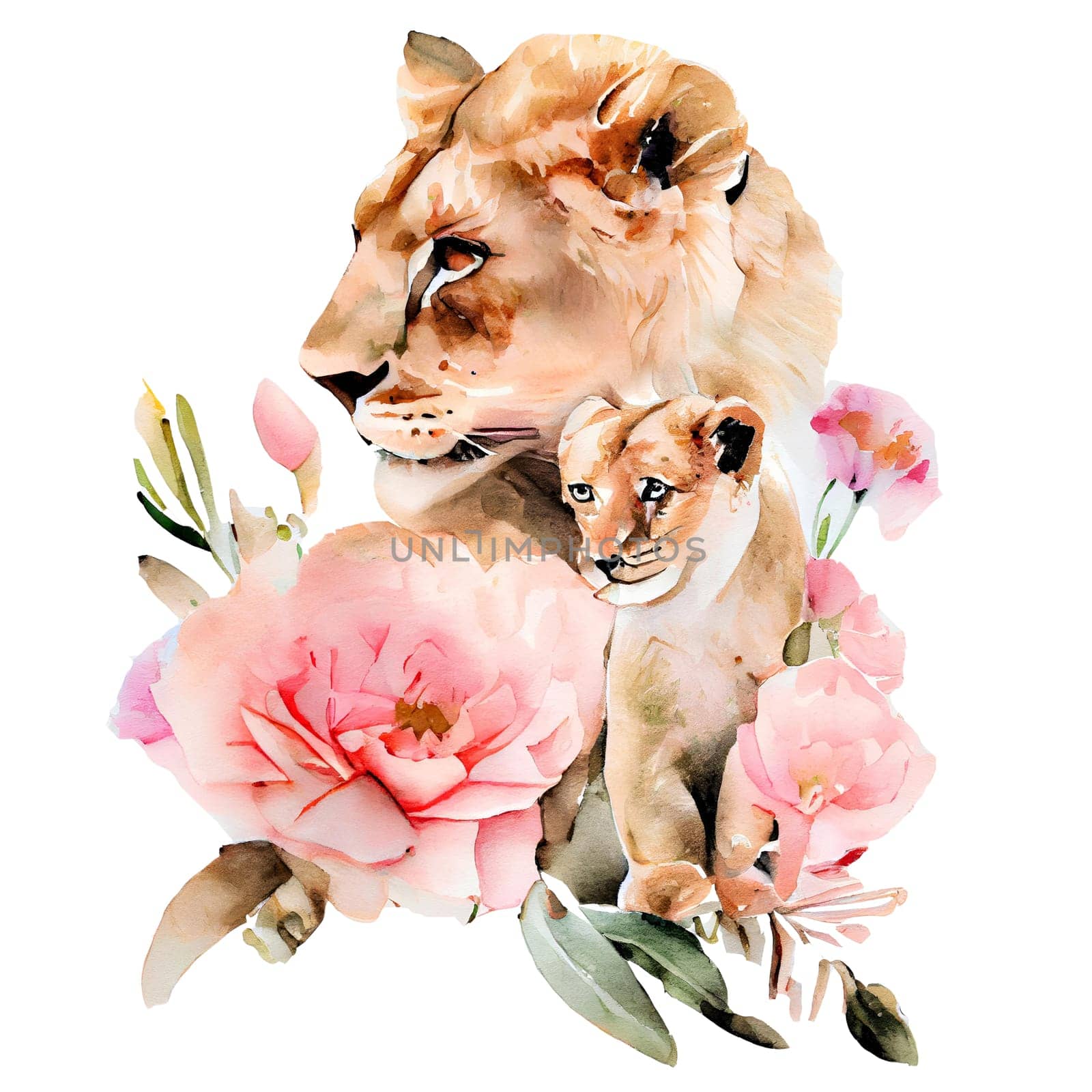 Cute mother lion and baby with pink flowers watercolor Illustration isolated on white background. Generative AI