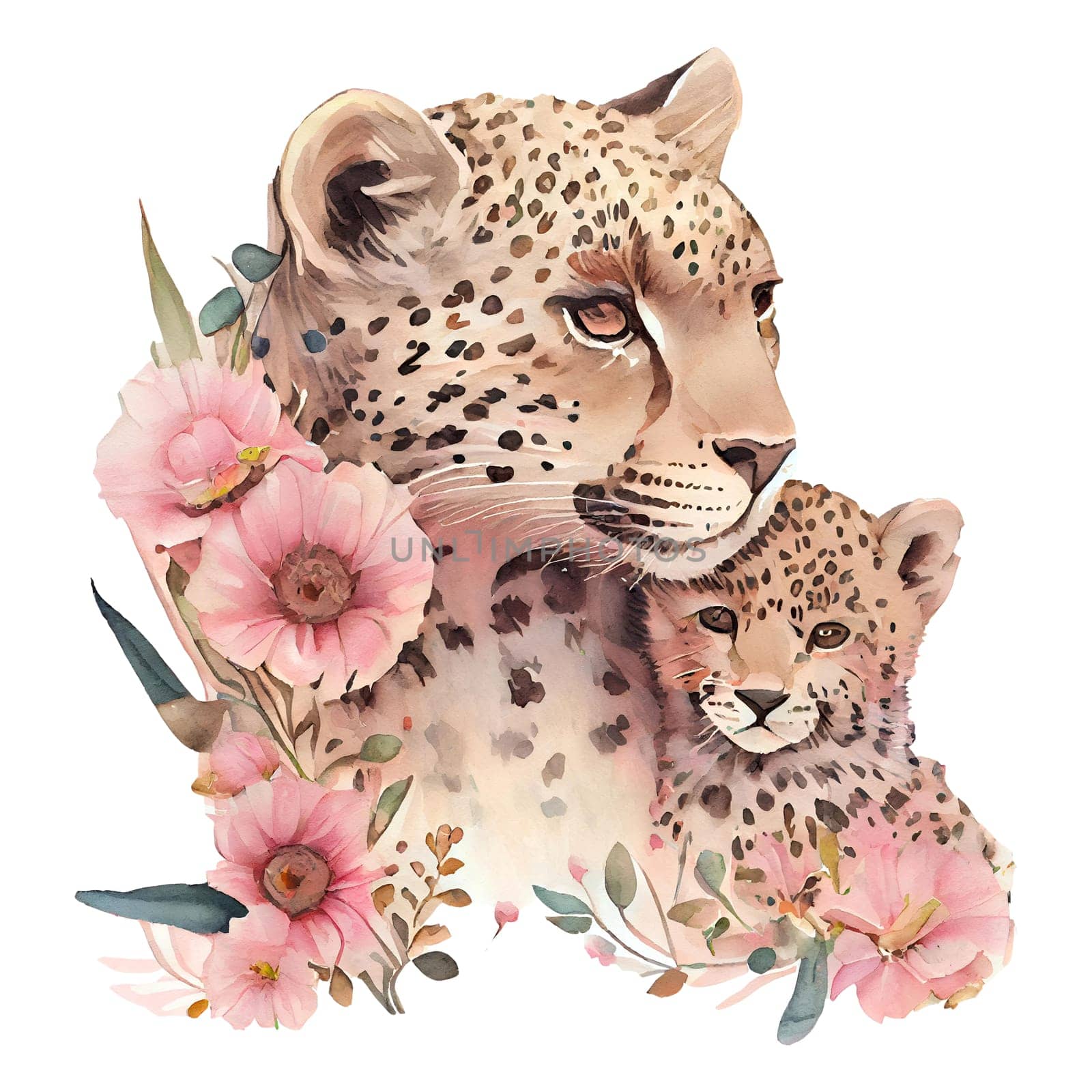 Cute mother leopard and baby with pink flowers watercolor Illustration isolated on white background. Generative AI