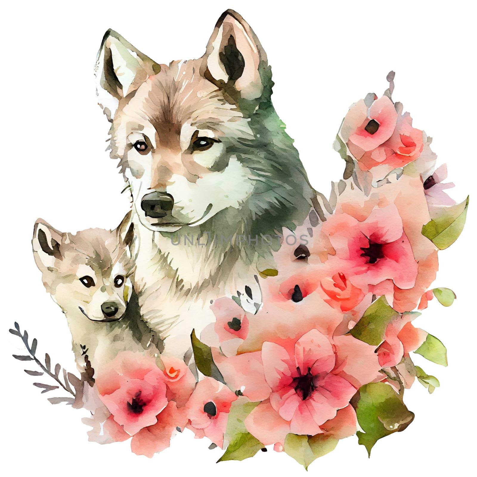 Cute mother wolf and baby with pink flowers watercolor Illustration isolated on white. Generative AI by dreamloud