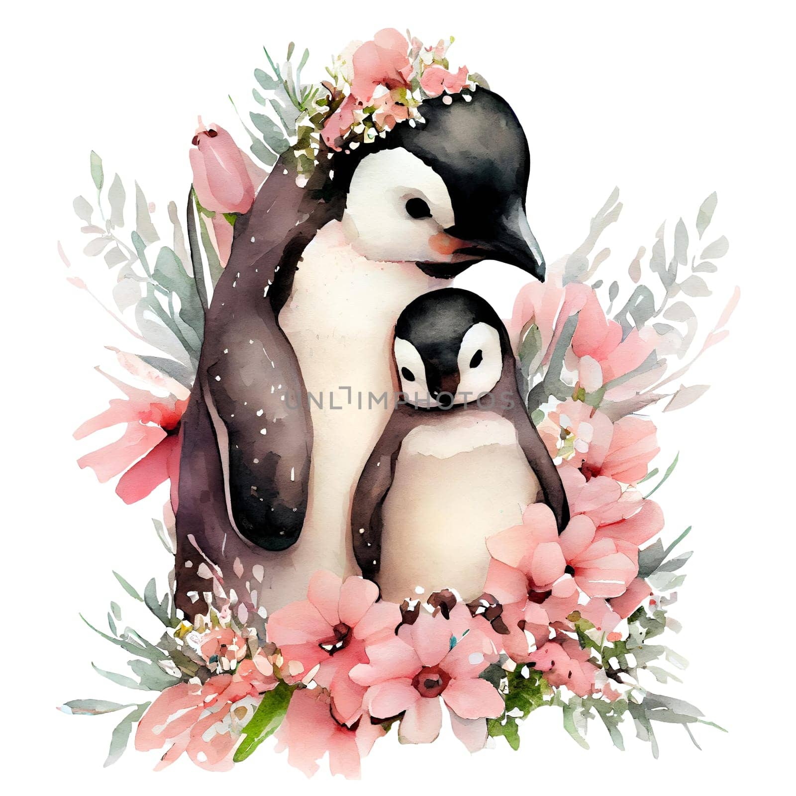 Cute mother penguin and baby with pink flowers watercolor Illustration isolated on white background. Generative AI