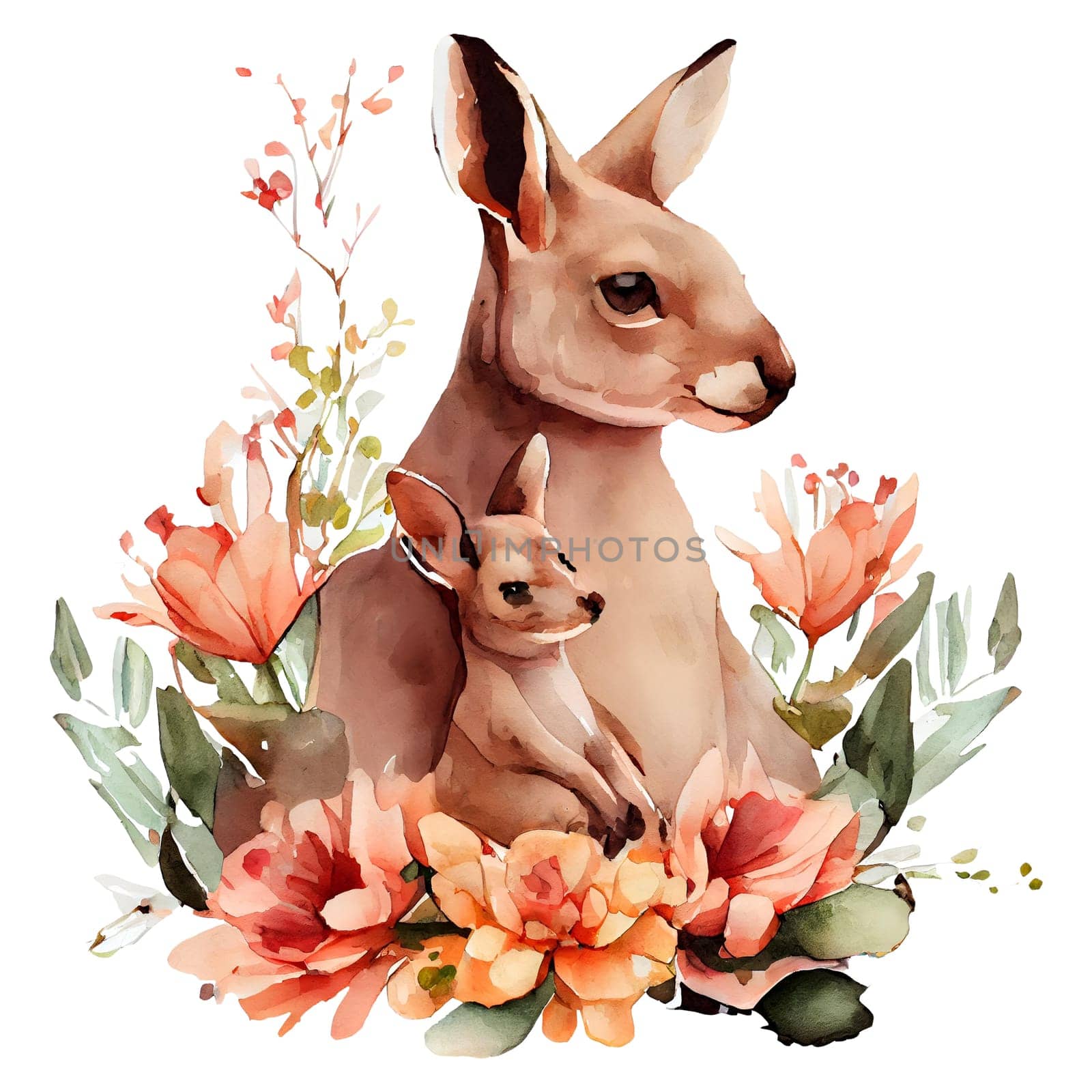 Cute mother kangaroo and baby with flowers watercolor Illustration isolated on white. Generative AI by dreamloud