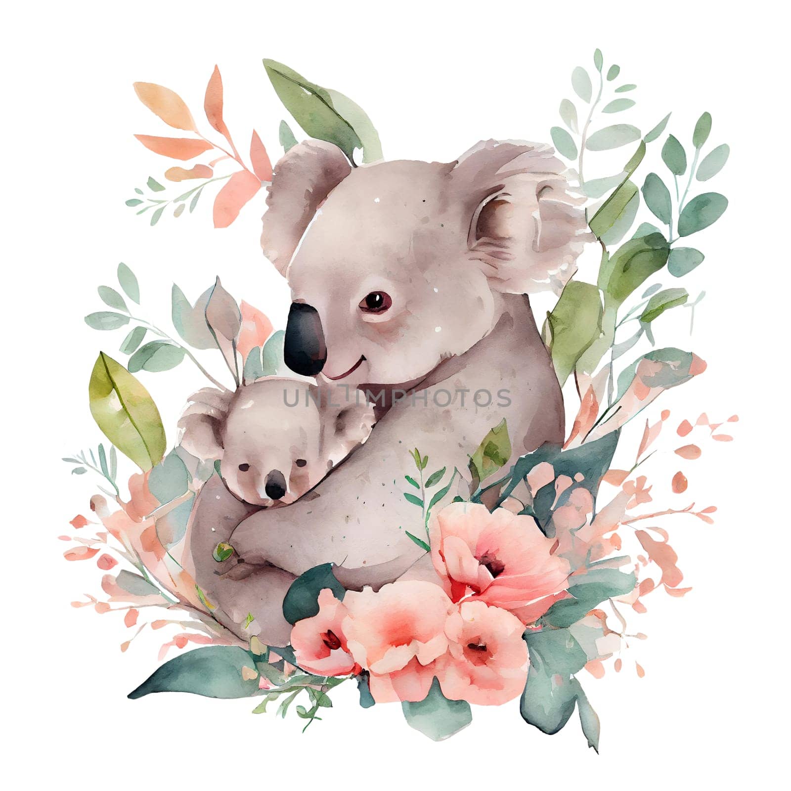 Cute mother koala and baby with pink flowers watercolor Illustration isolated on white. Generative AI by dreamloud