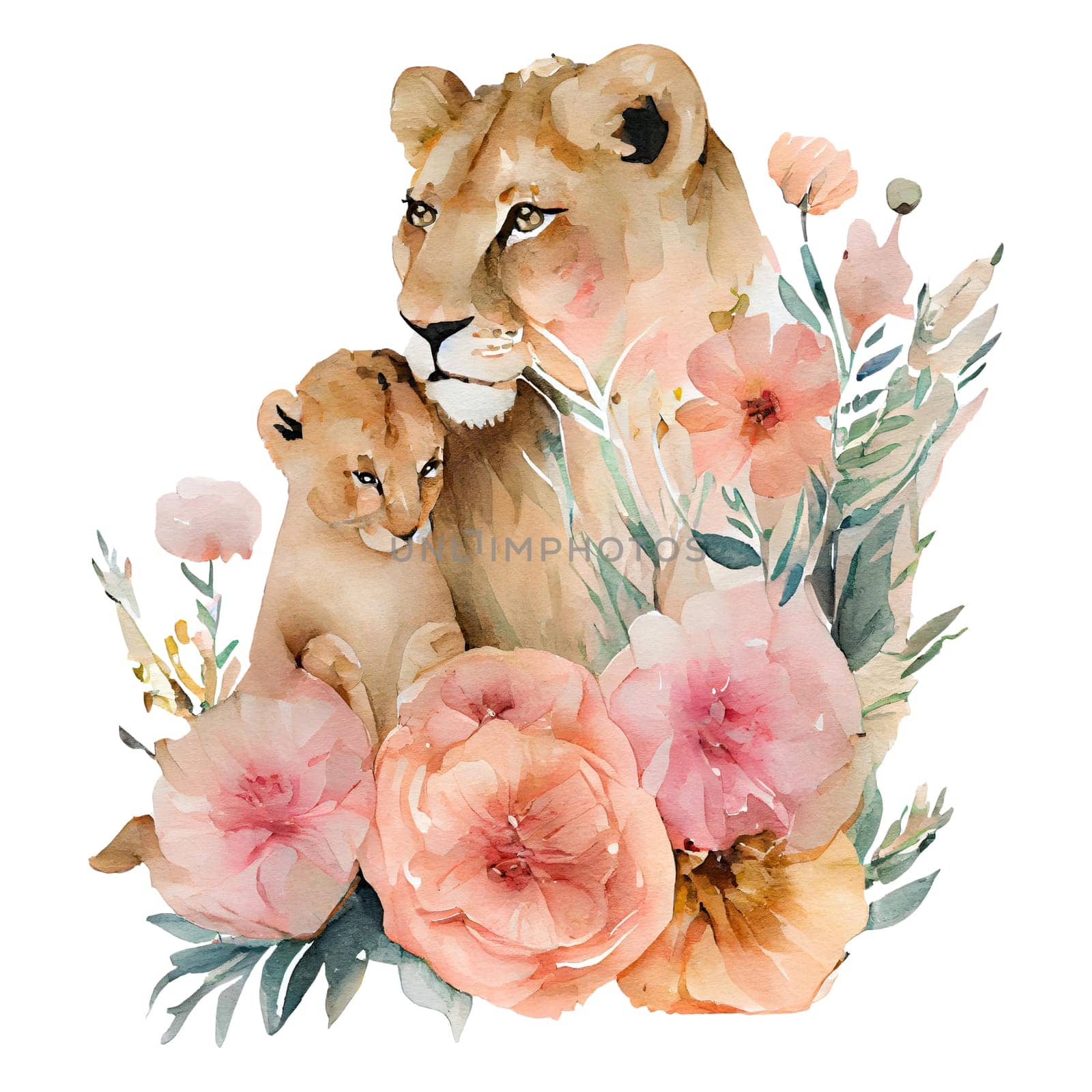 Cute mother lion and baby with pink flowers watercolor Illustration isolated on white. Generative AI by dreamloud