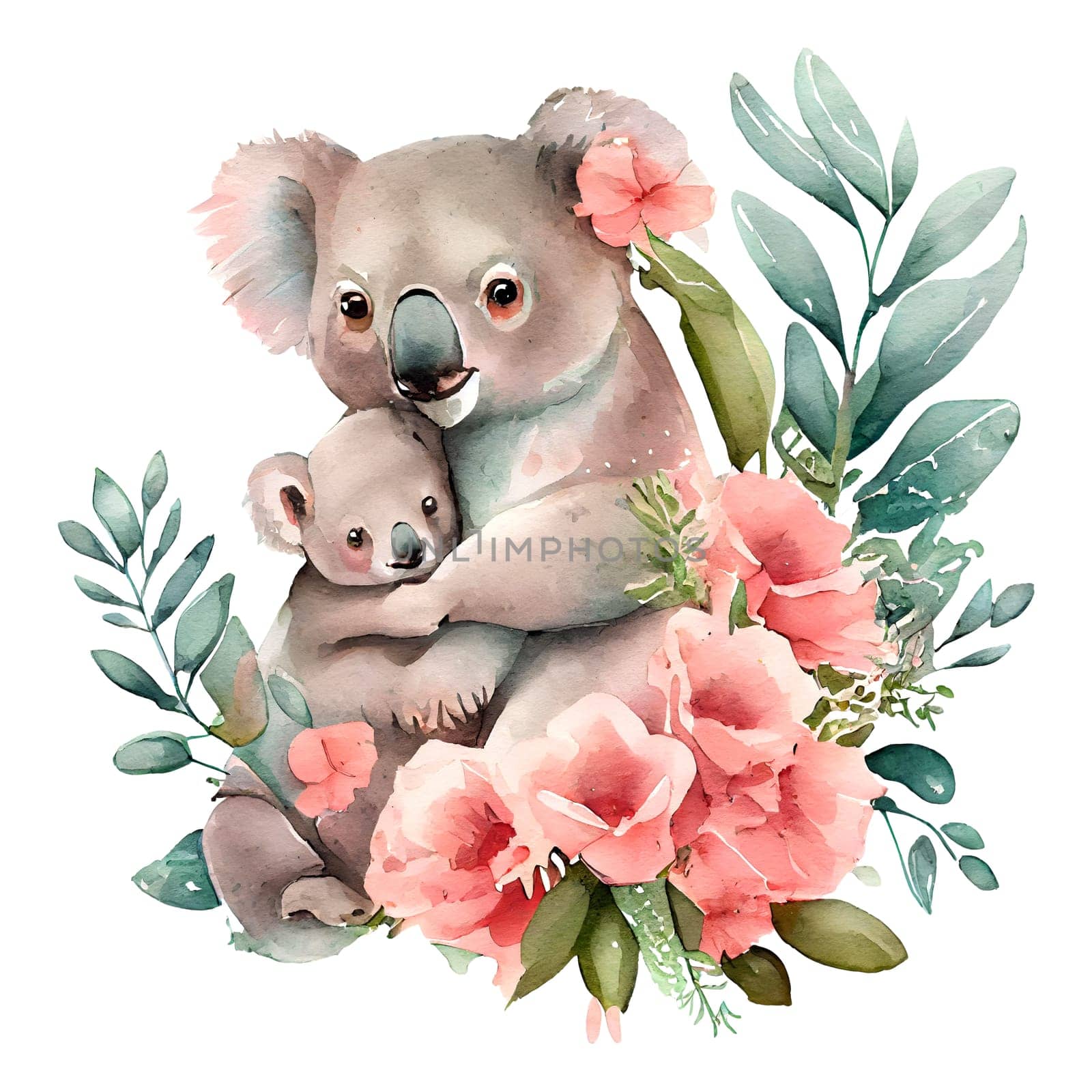 Cute mother koala and baby with pink flowers watercolor Illustration isolated on white. Generative AI by dreamloud