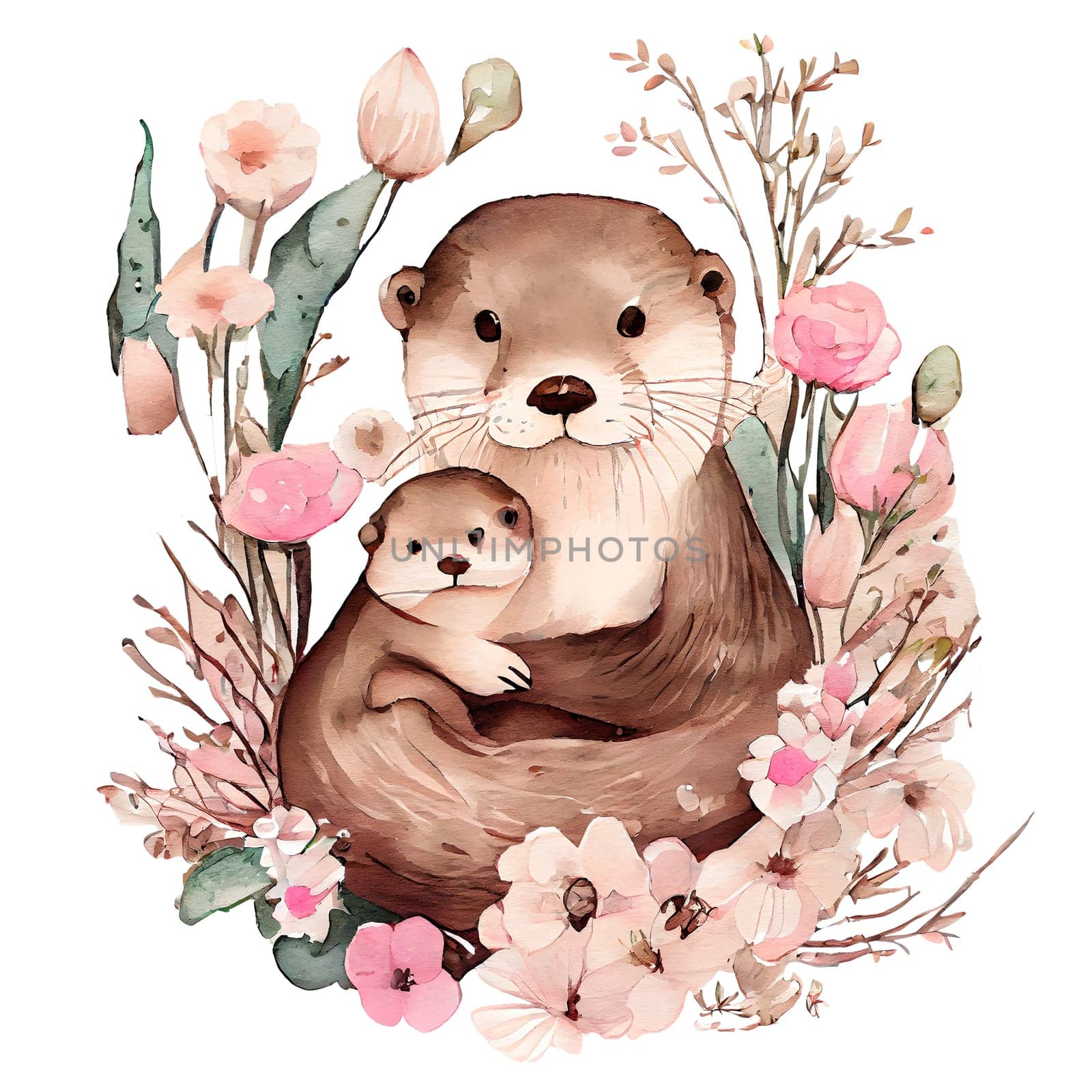 Cute mother otter and baby with pink flowers watercolor Illustration isolated on white. Generative AI by dreamloud