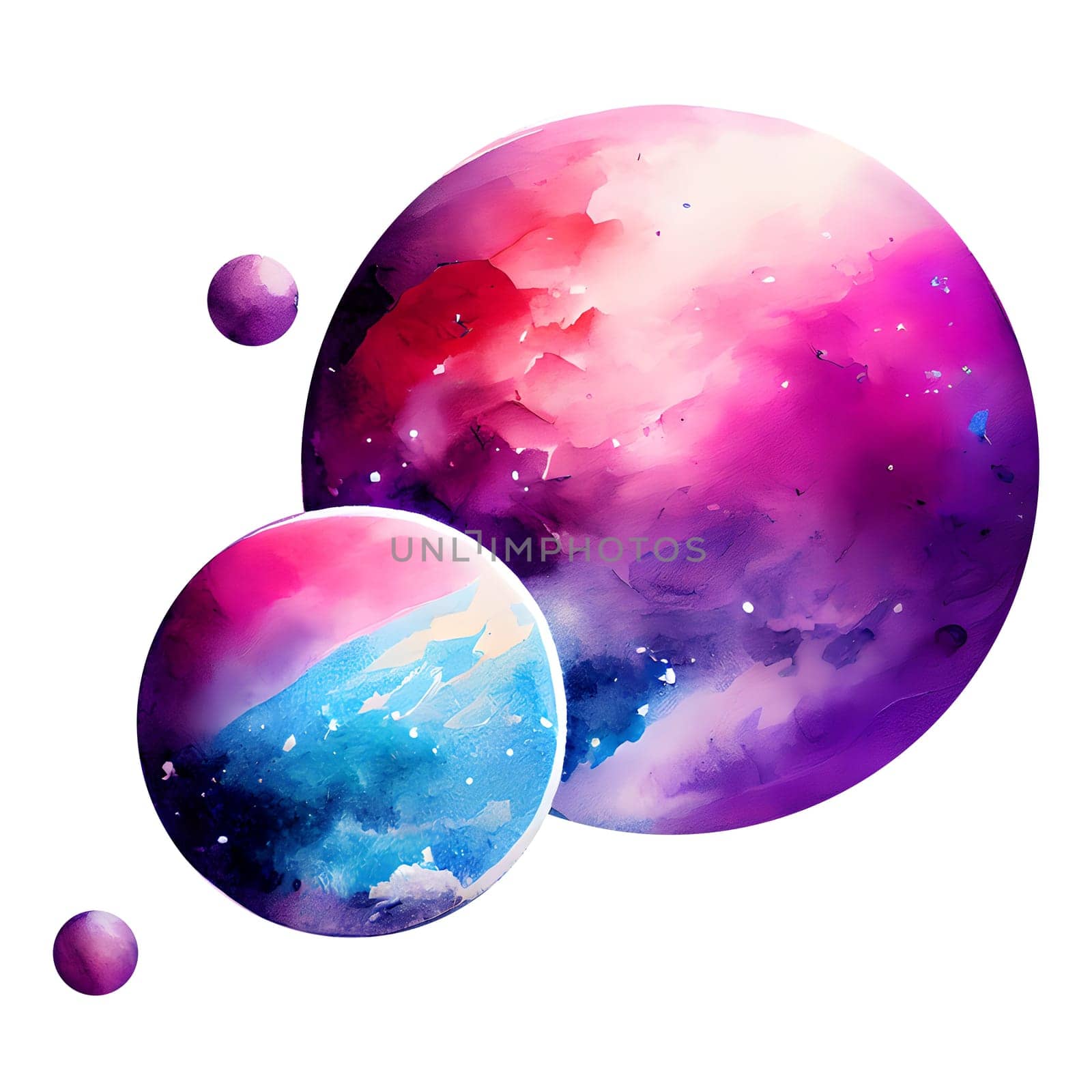 Purple planets watercolor Illustration isolated on white. Generative AI by dreamloud