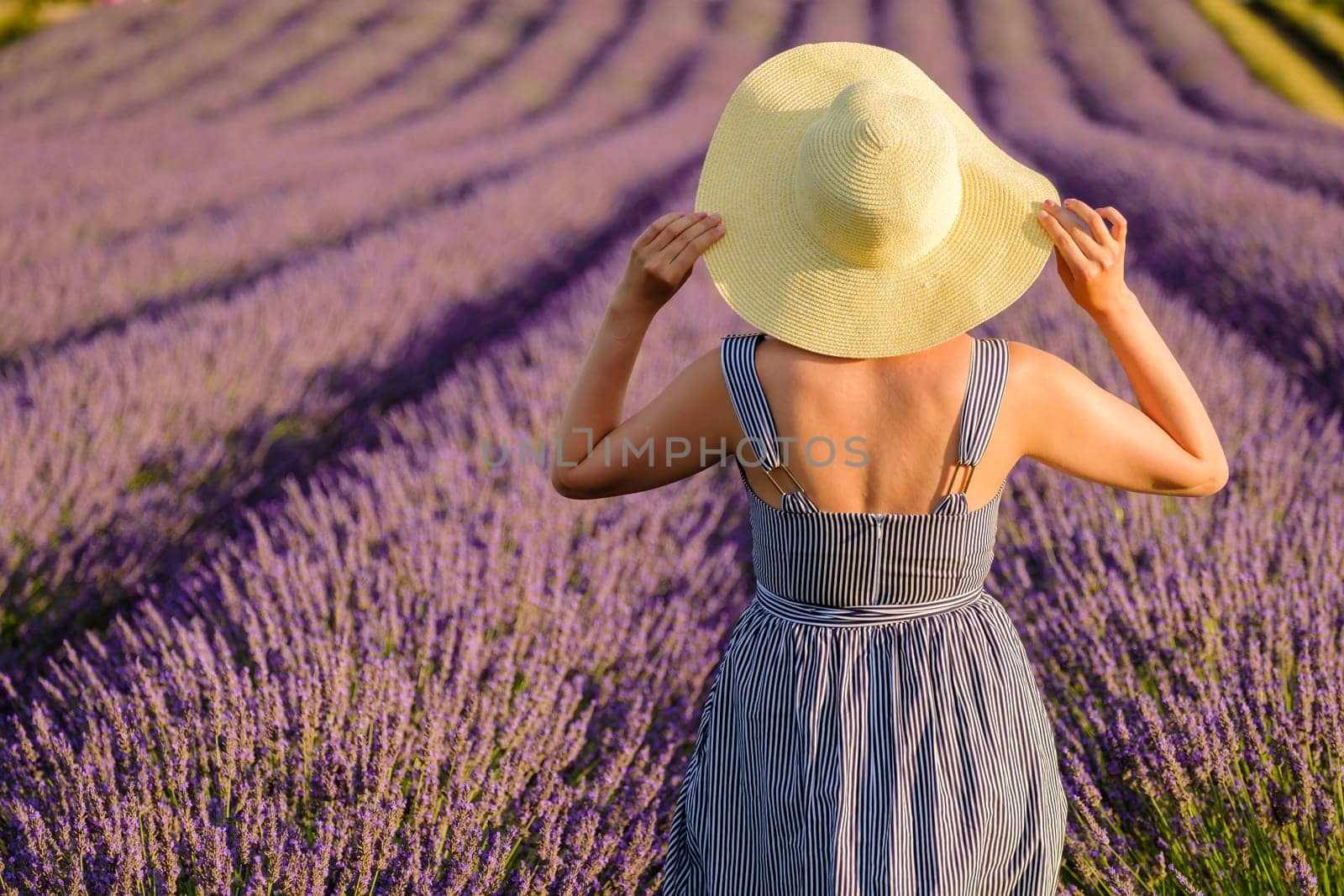 Standing amidst the vibrant lavender field, a woman wearing a sundress gently places her hands on her straw hat, basking in the beauty of nature on a sunny summer day, backside