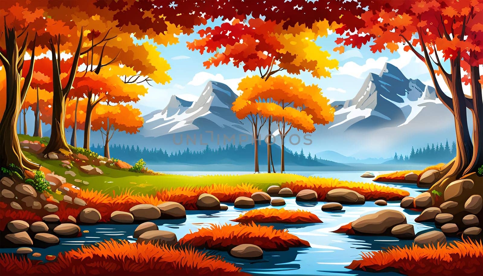 Colorful autumn fall landscape with trees, river and mountain by day - Generative AI