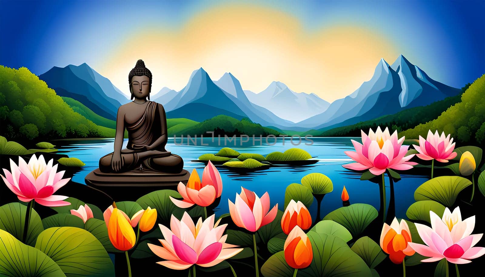 Buddha meditation in the mountain among lotus flowers - Generative AI
