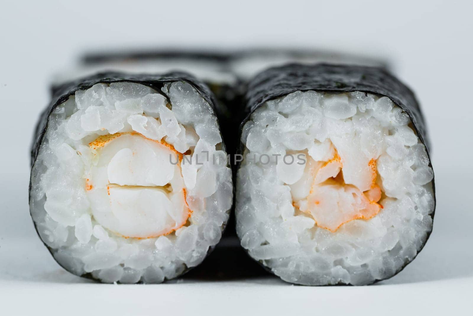 Japanese food. Shrimp rolls, fresh rice with fresh shrimp in nori.