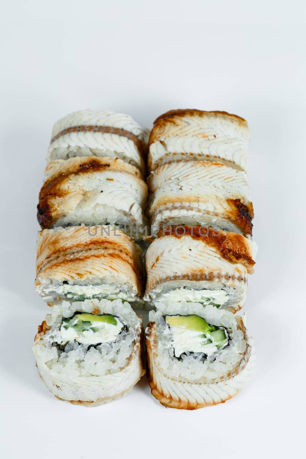 Japanese traditional food. Sushi rolls philadelphia classic with fresh eel and cream cheese and caviar