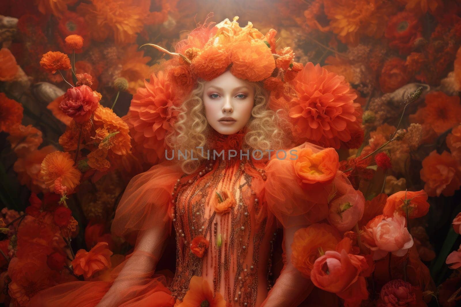 A stunning swedish woman dressed in orange costume with flowers in her hands in the style of ethereal dreamscapes. Generative AI AIG32 by biancoblue
