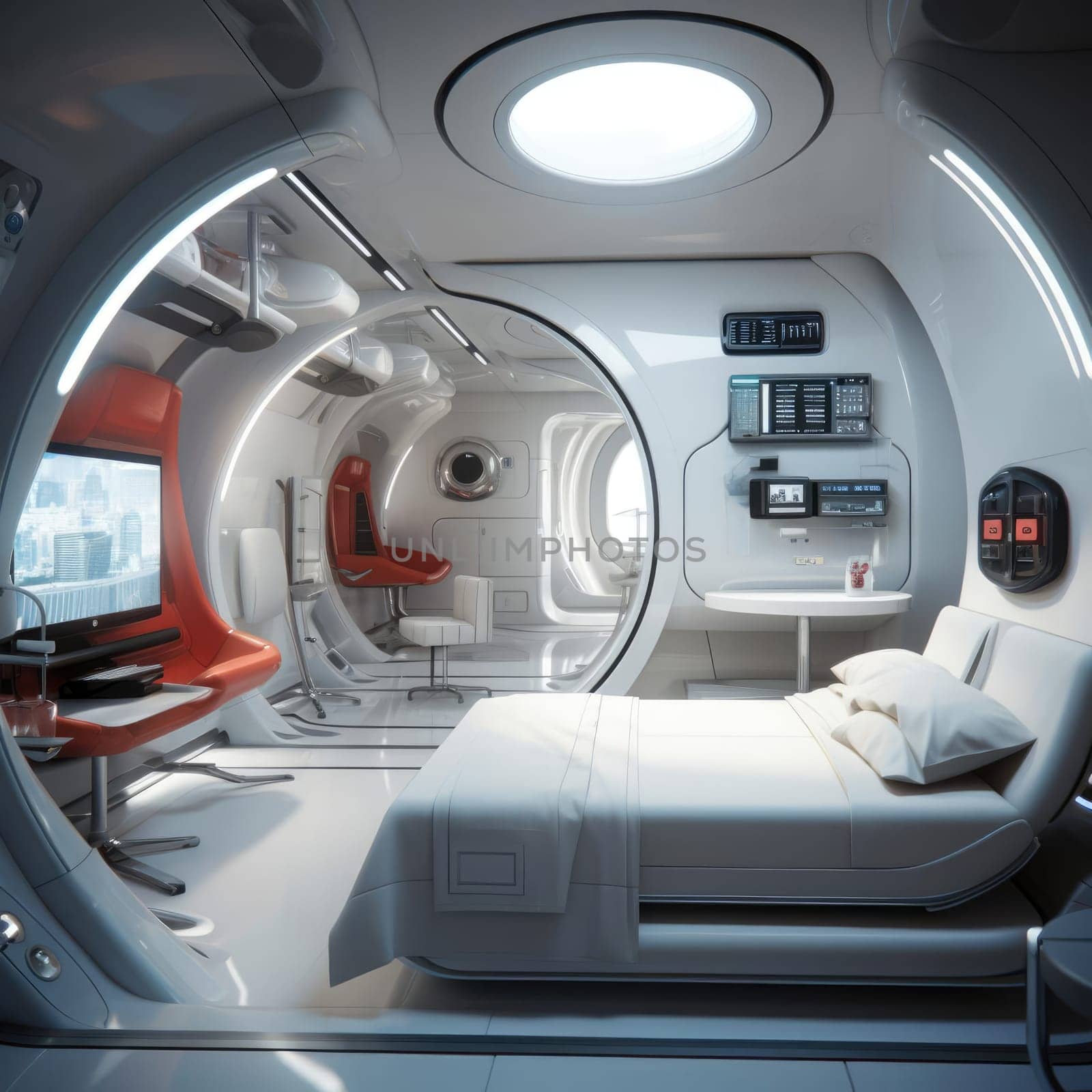 The apartment is capsule type, high technology. The architecture of the future