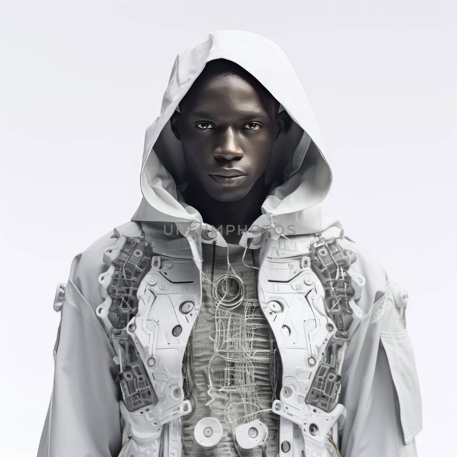 A man in the clothes of the future on a white background. Fashion