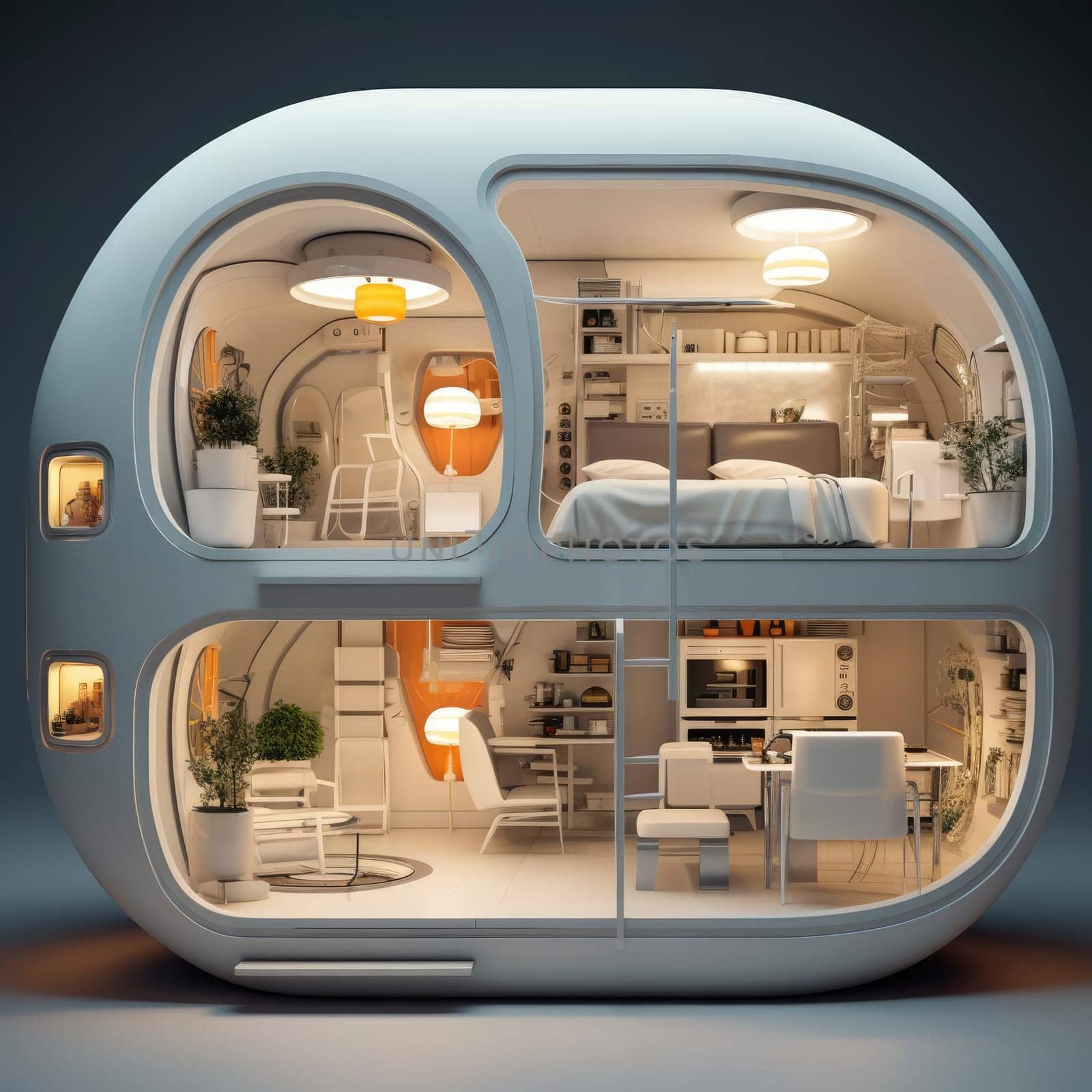 The apartment is capsule type, high technology. The architecture of the future