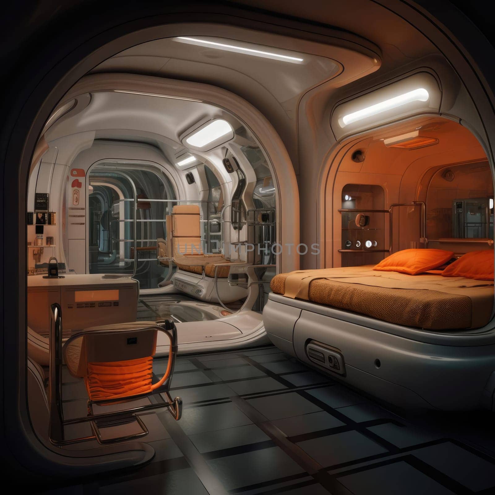 The apartment is capsule type, high technology. The architecture of the future