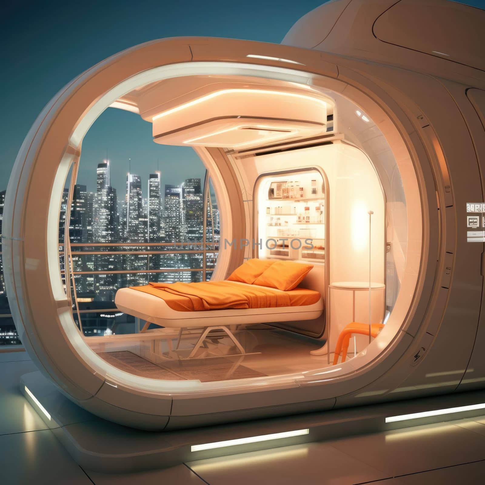 The apartment is capsule type, high technology. The architecture of the future