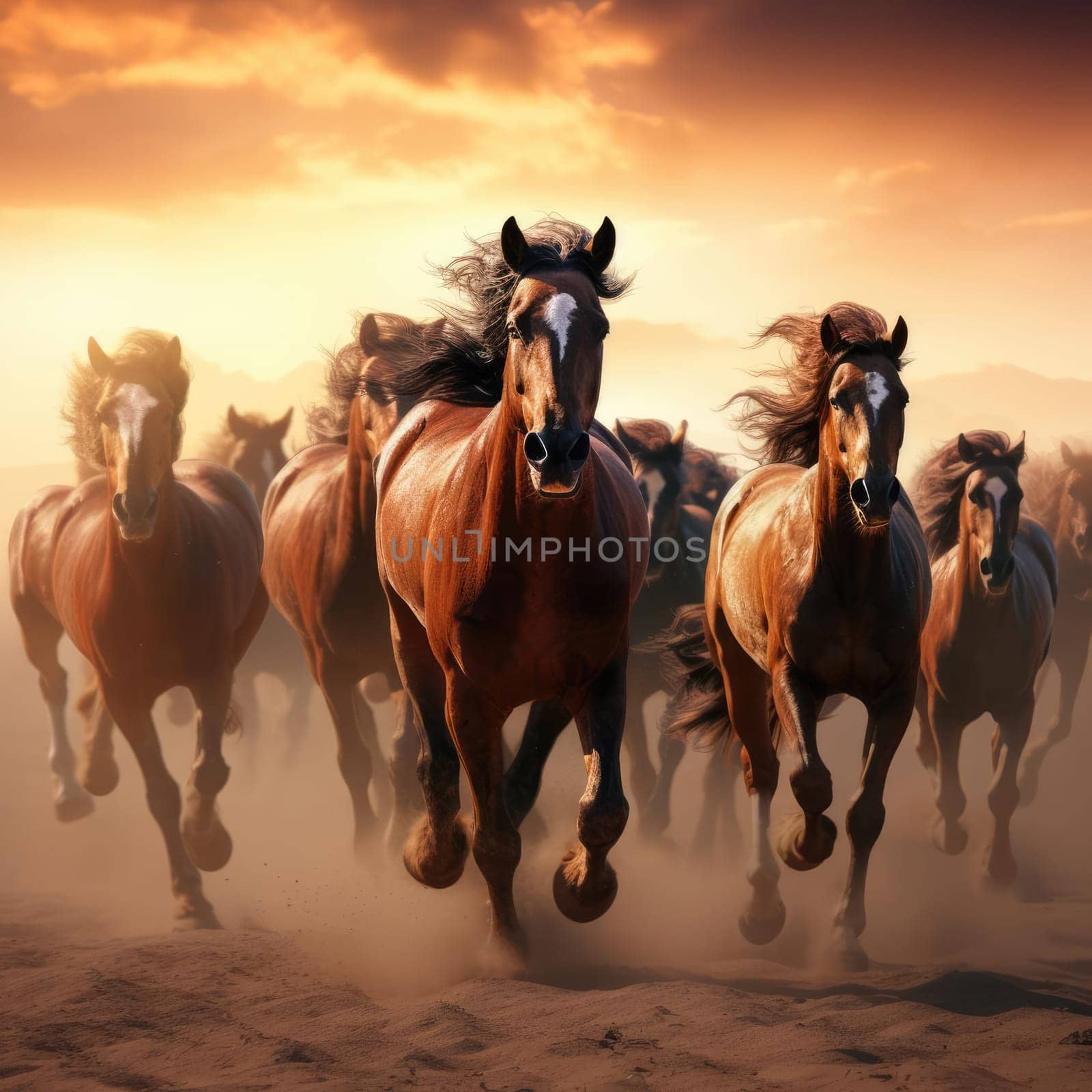 A herd of galloping horses. Dust from under the hooves