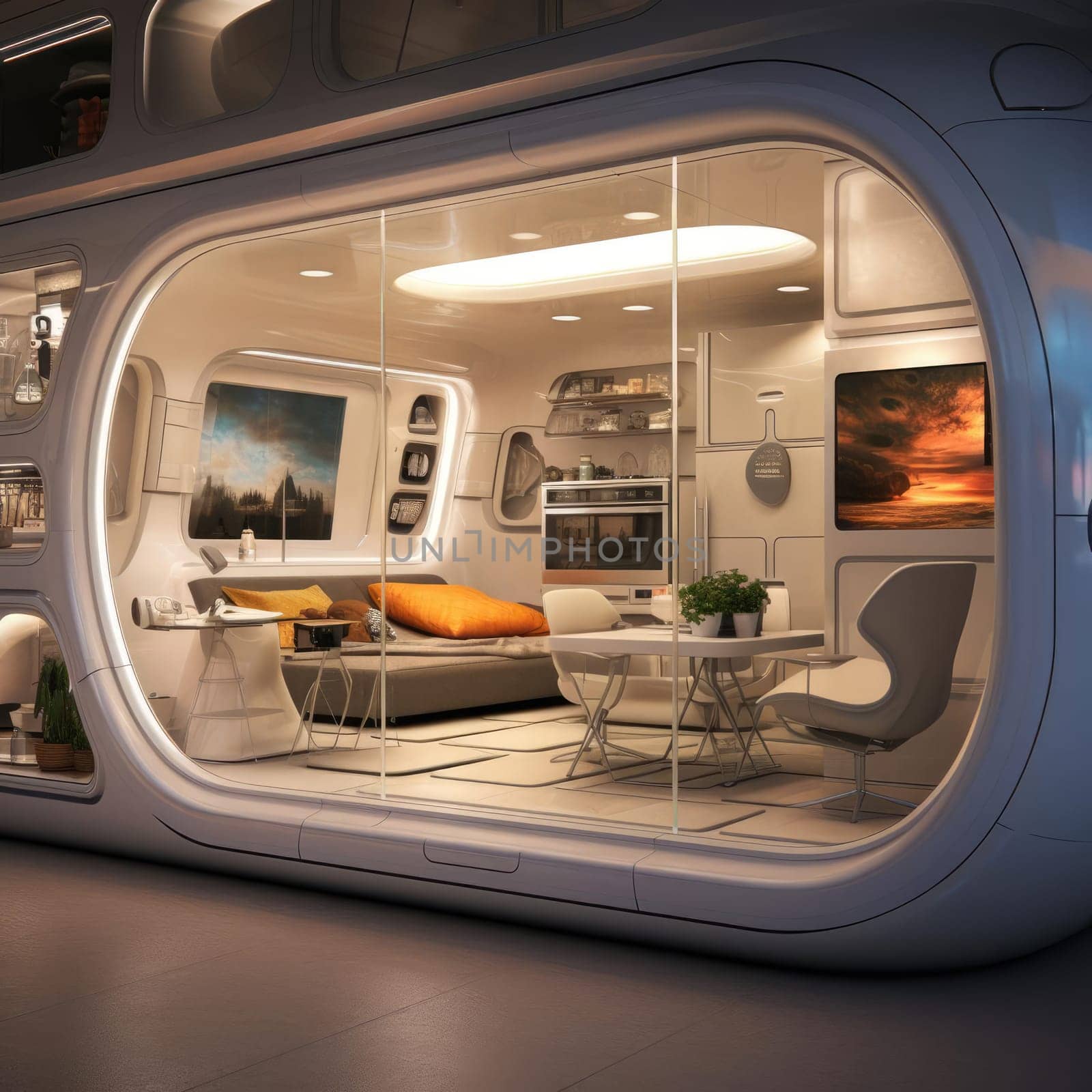 The apartment is capsule type, high technology. The architecture of the future