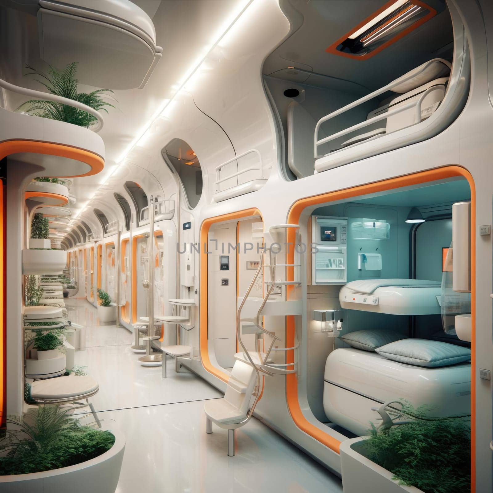 The apartment is capsule type, high technology. The architecture of the future