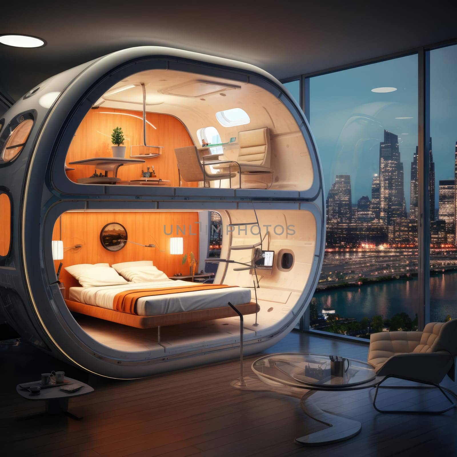 The apartment is capsule type, high technology. The architecture of the future