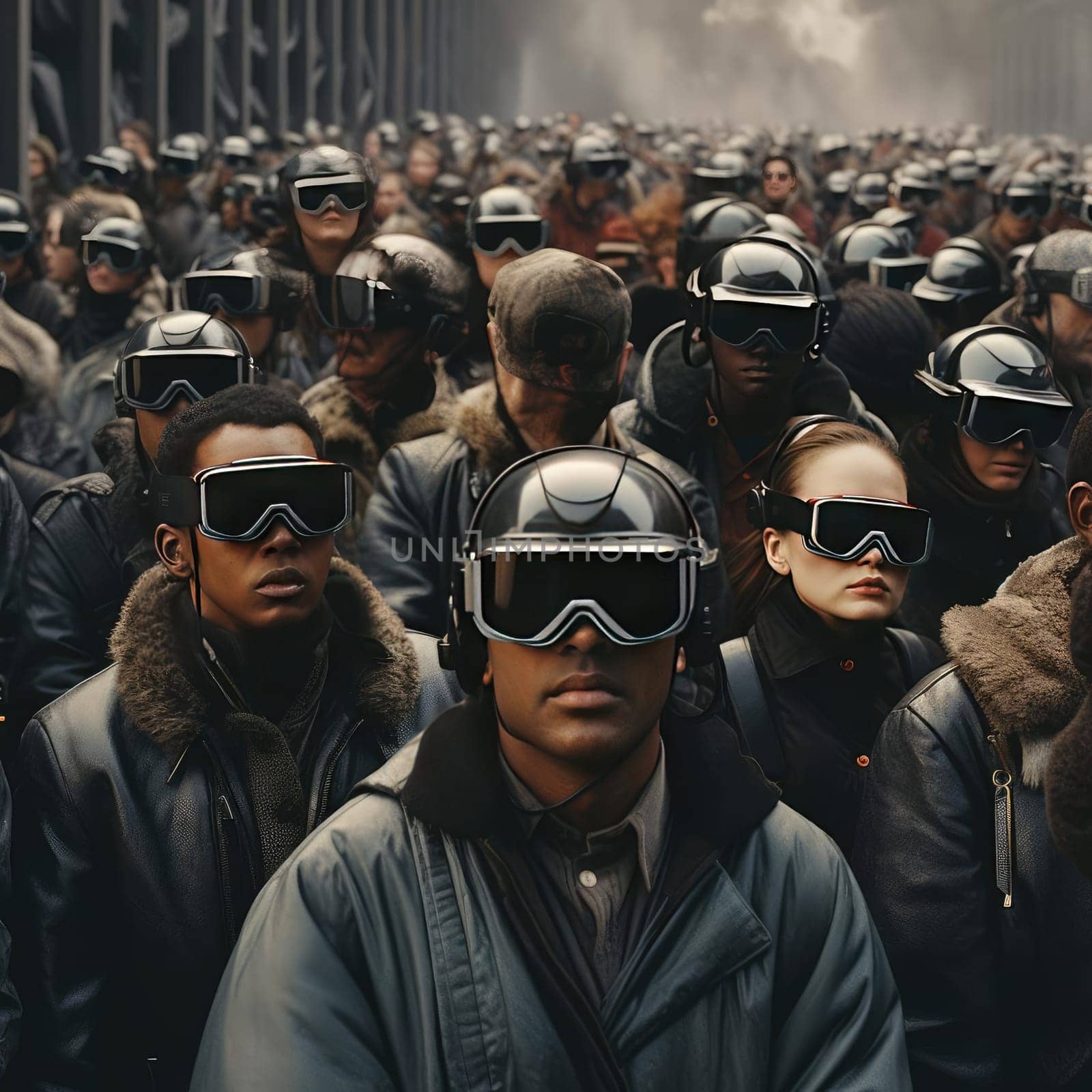 A large crowd of people wearing virtual glasses. A vision for the future