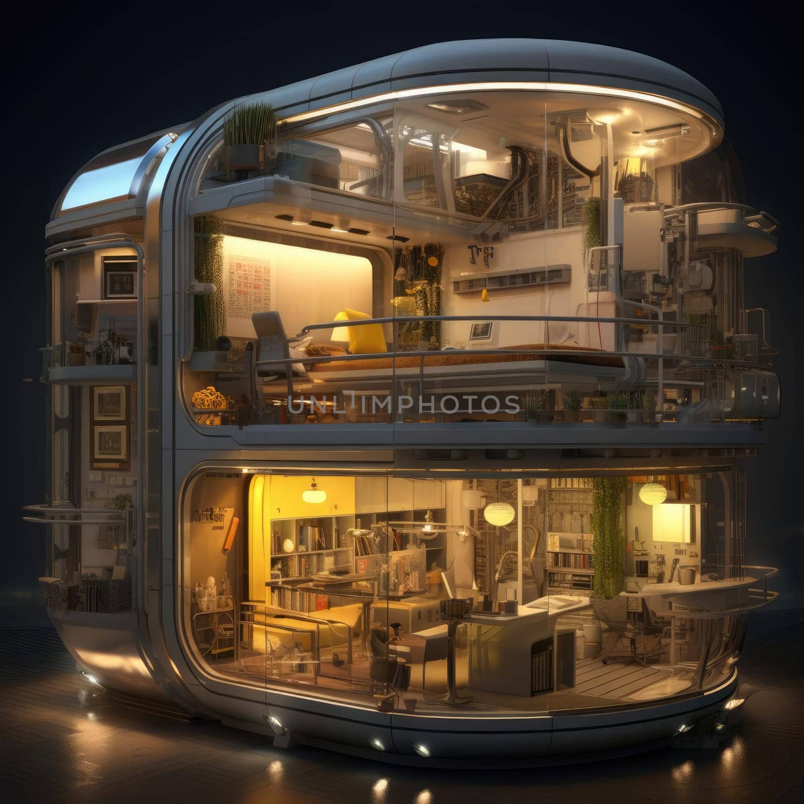 The apartment is capsule type, high technology. The architecture of the future