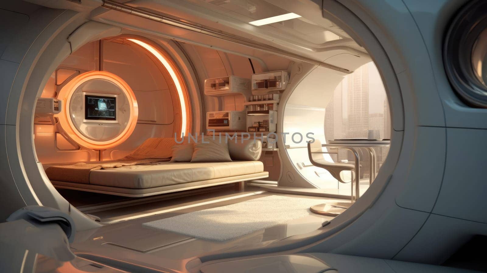 The apartment is capsule type, high technology. The architecture of the future