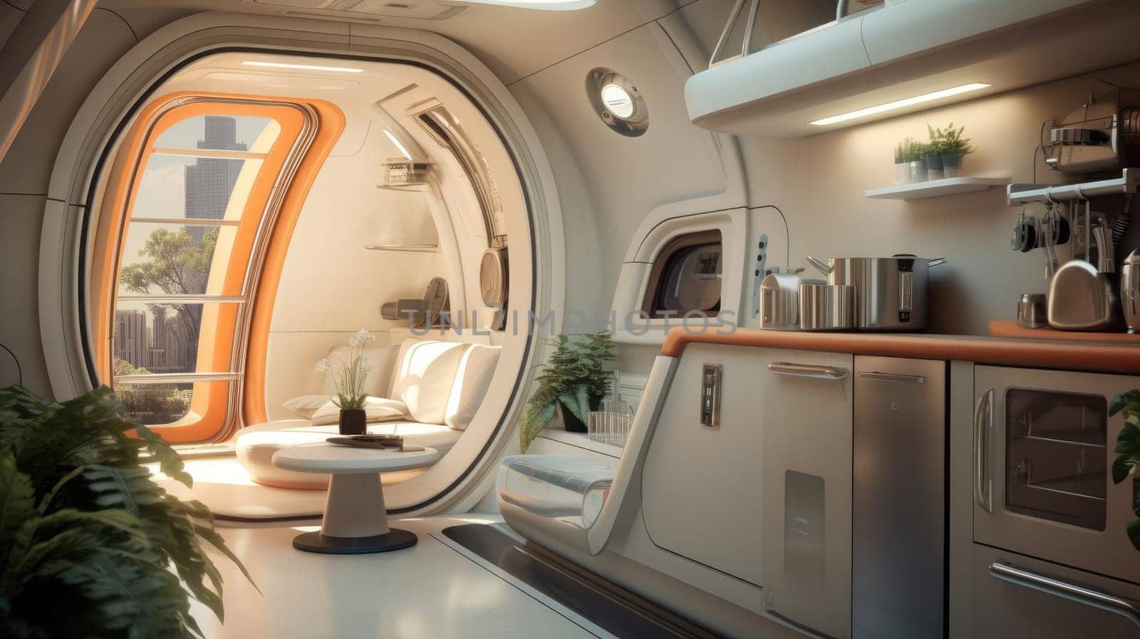 The apartment is capsule type, high technology. The architecture of the future