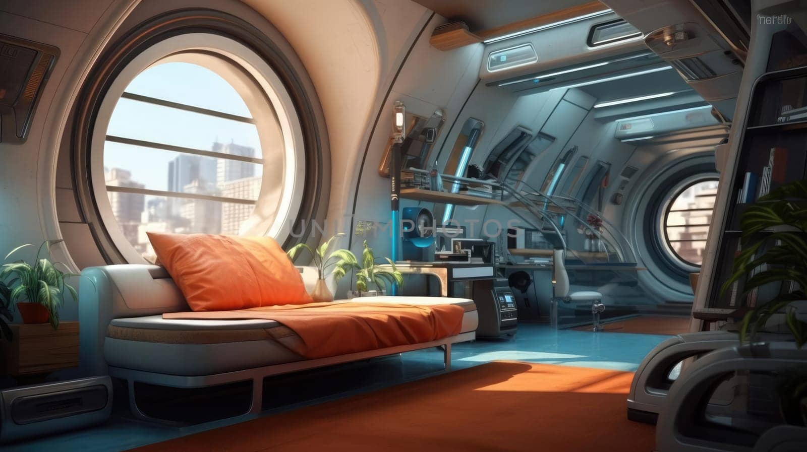 The apartment is capsule type, high technology. The architecture of the future