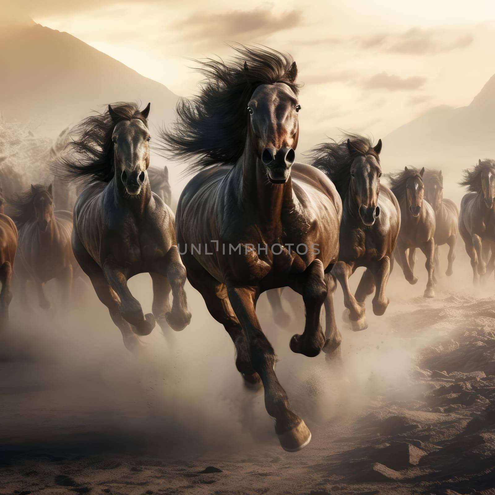 A herd of galloping horses. Dust from under the hooves